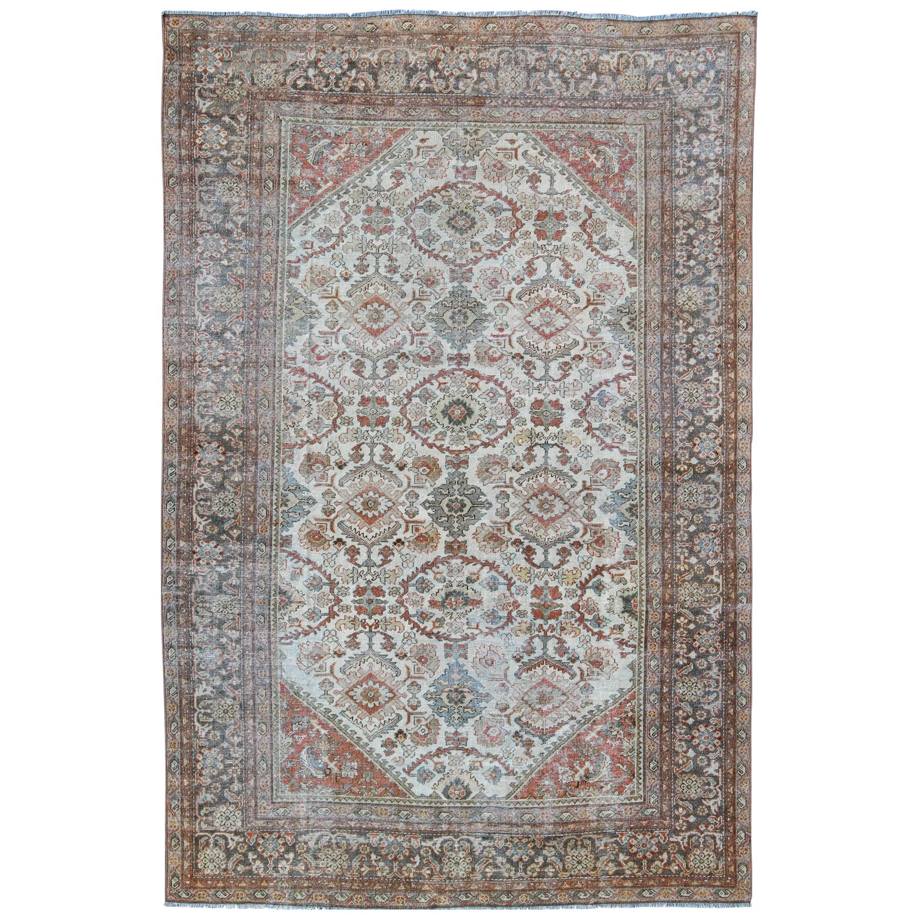 Antique Persian Sultanabad-Mahal Rug in Ivory, Terracotta, Light Blue, Charcoal