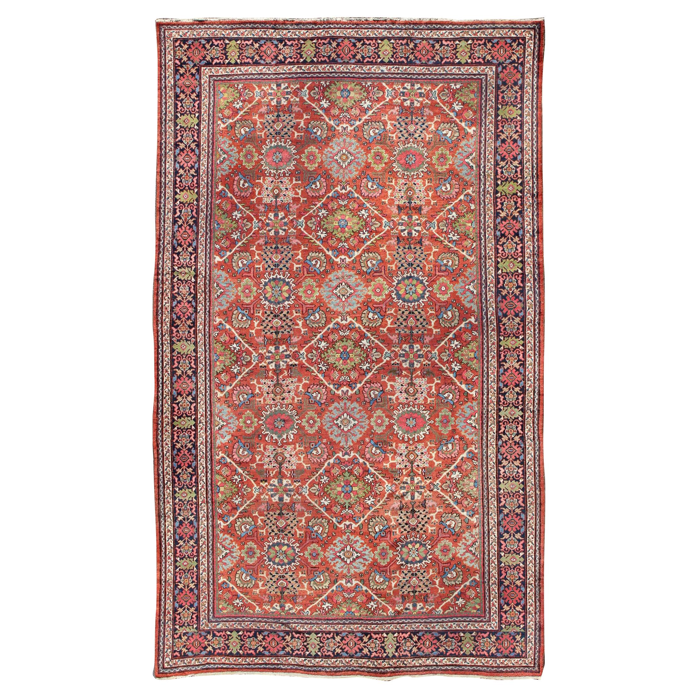 Antique Persian Sultanabad-Mahal Rug in Jewel Tones & All-Over Geometric Design For Sale