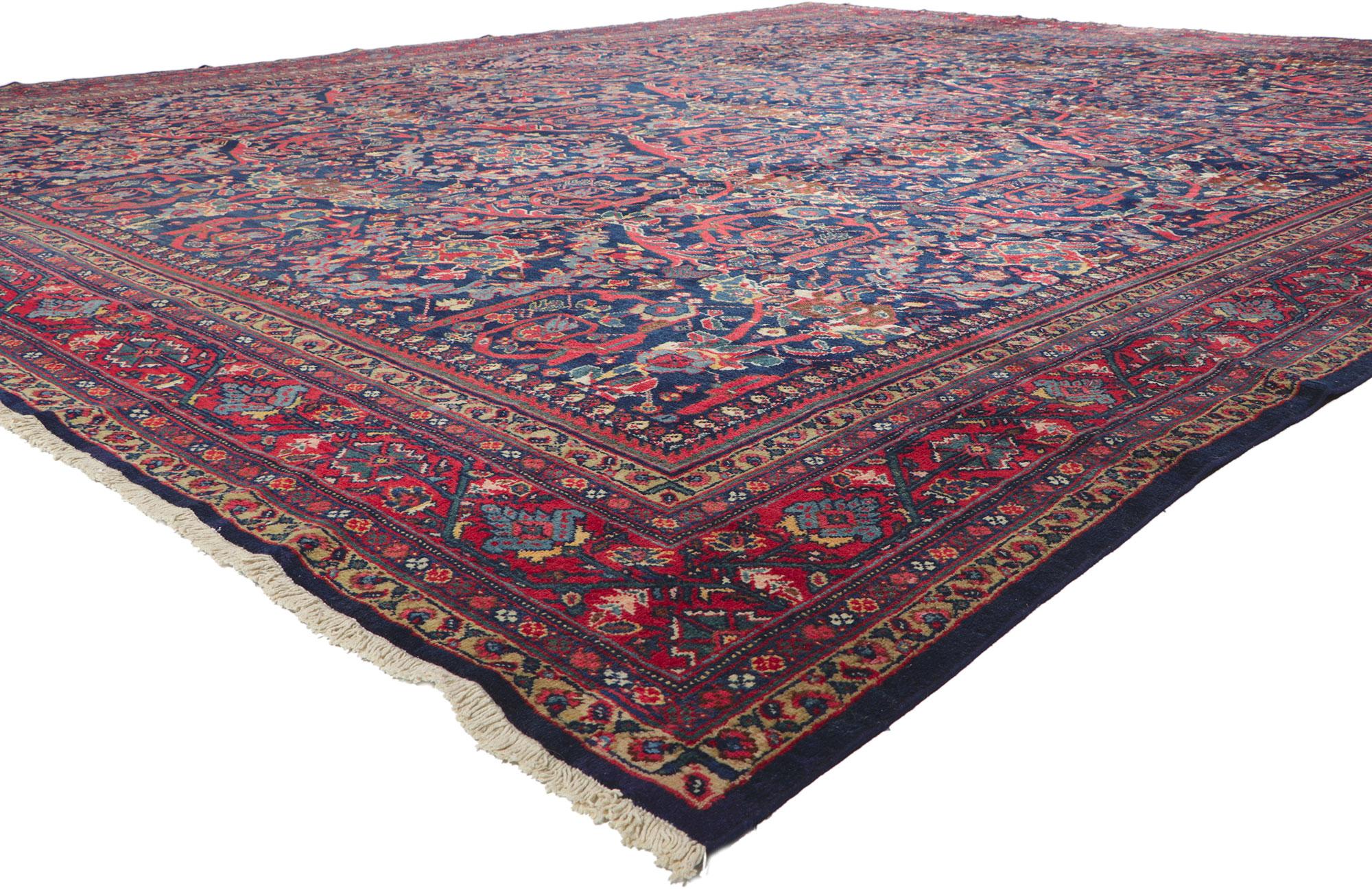 78520 Antique Persian Mahal Rug with Sultanabad Design, 14'02 x 17'06.
Displaying the renowned Mustafavi pattern with incredible detail and texture, this oversized Persian Mahal rug is a captivating vision of woven beauty. The timeless design and