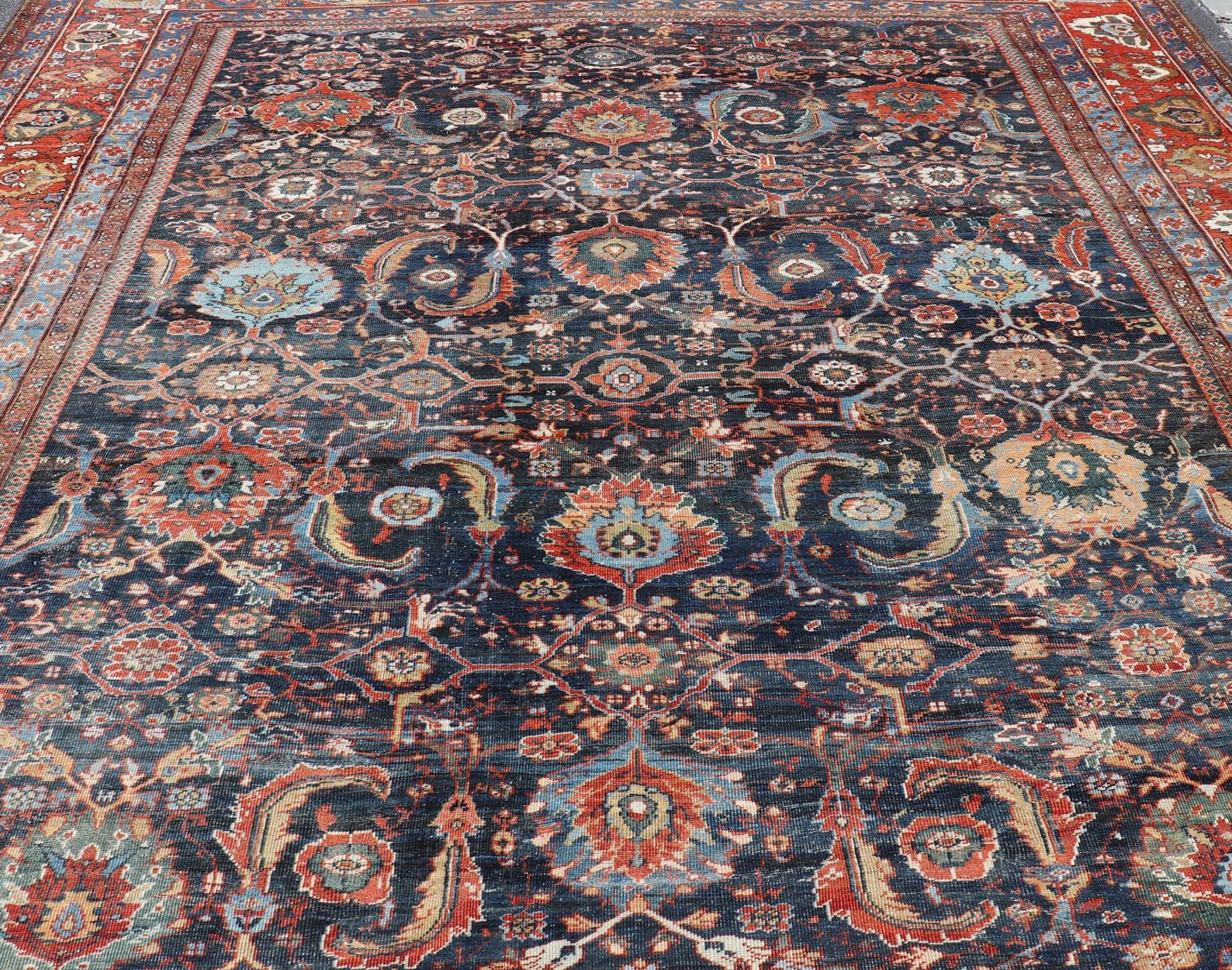 Hand-Knotted Antique Persian Sultanabad-Mahal Rug with Dark Navy Field 13'9 x 18'0 For Sale