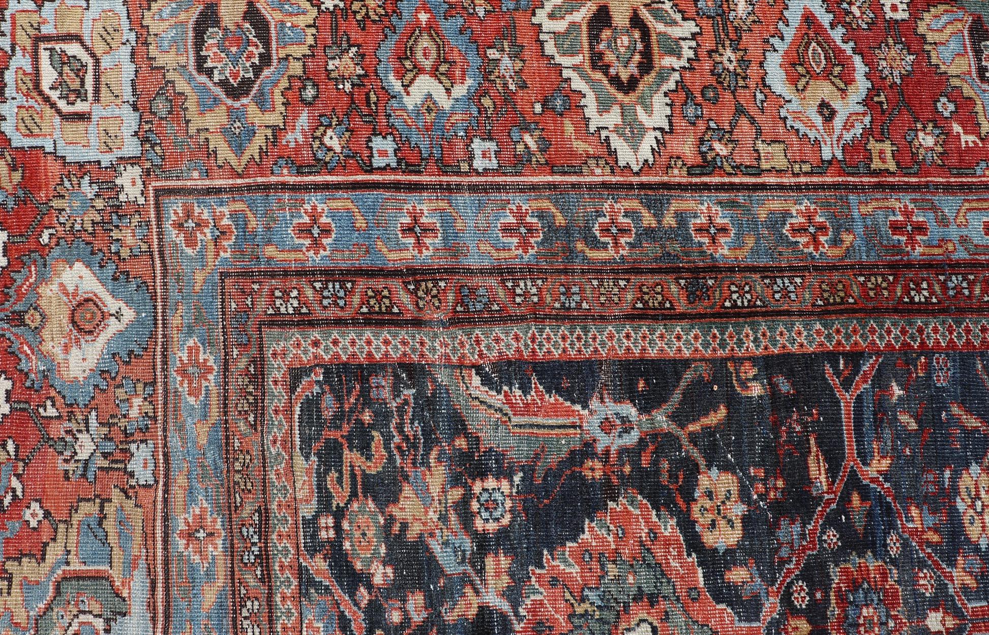 19th Century Antique Persian Sultanabad-Mahal Rug with Dark Navy Field 13'9 x 18'0 For Sale