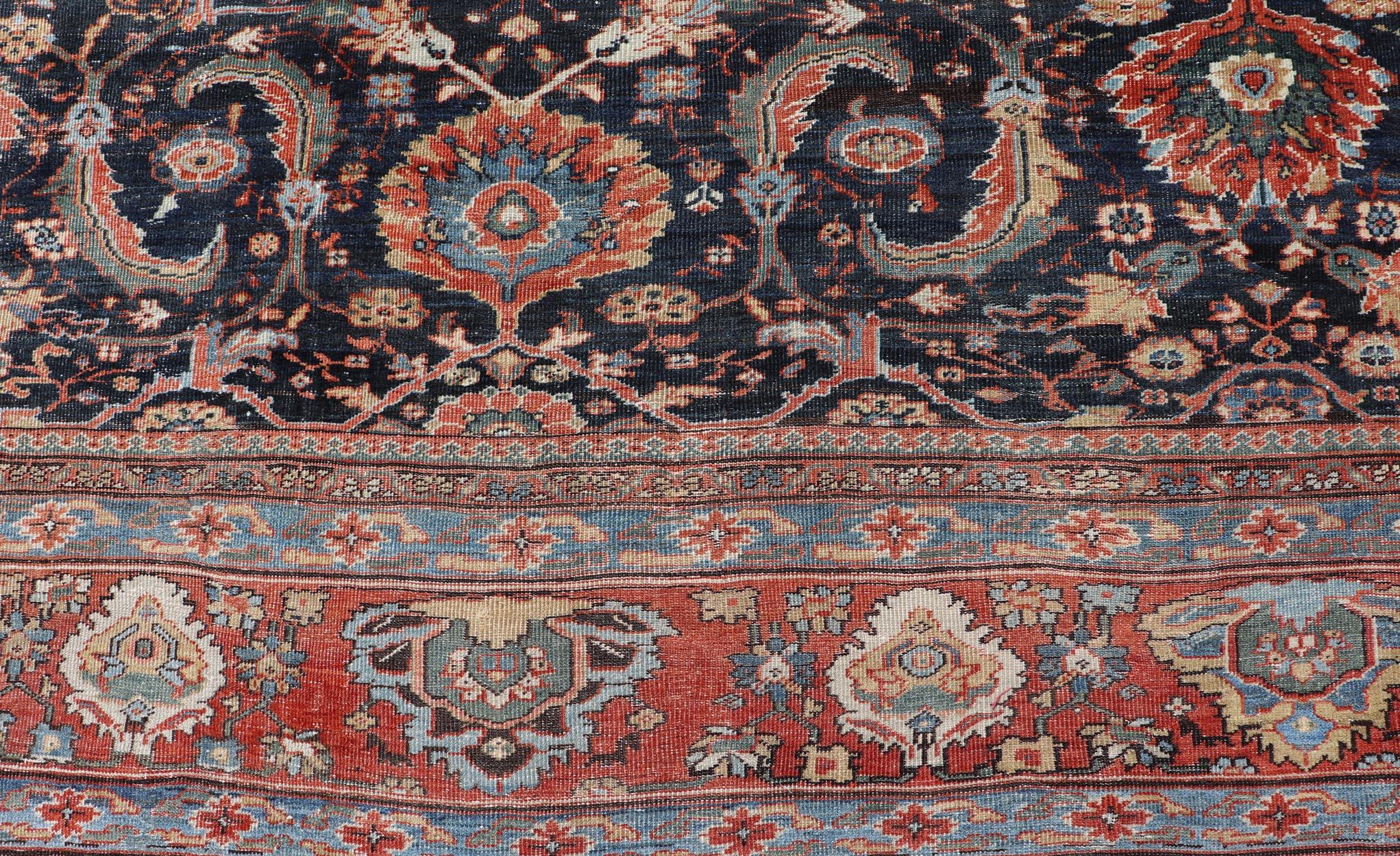 Wool Antique Persian Sultanabad-Mahal Rug with Dark Navy Field 13'9 x 18'0 For Sale