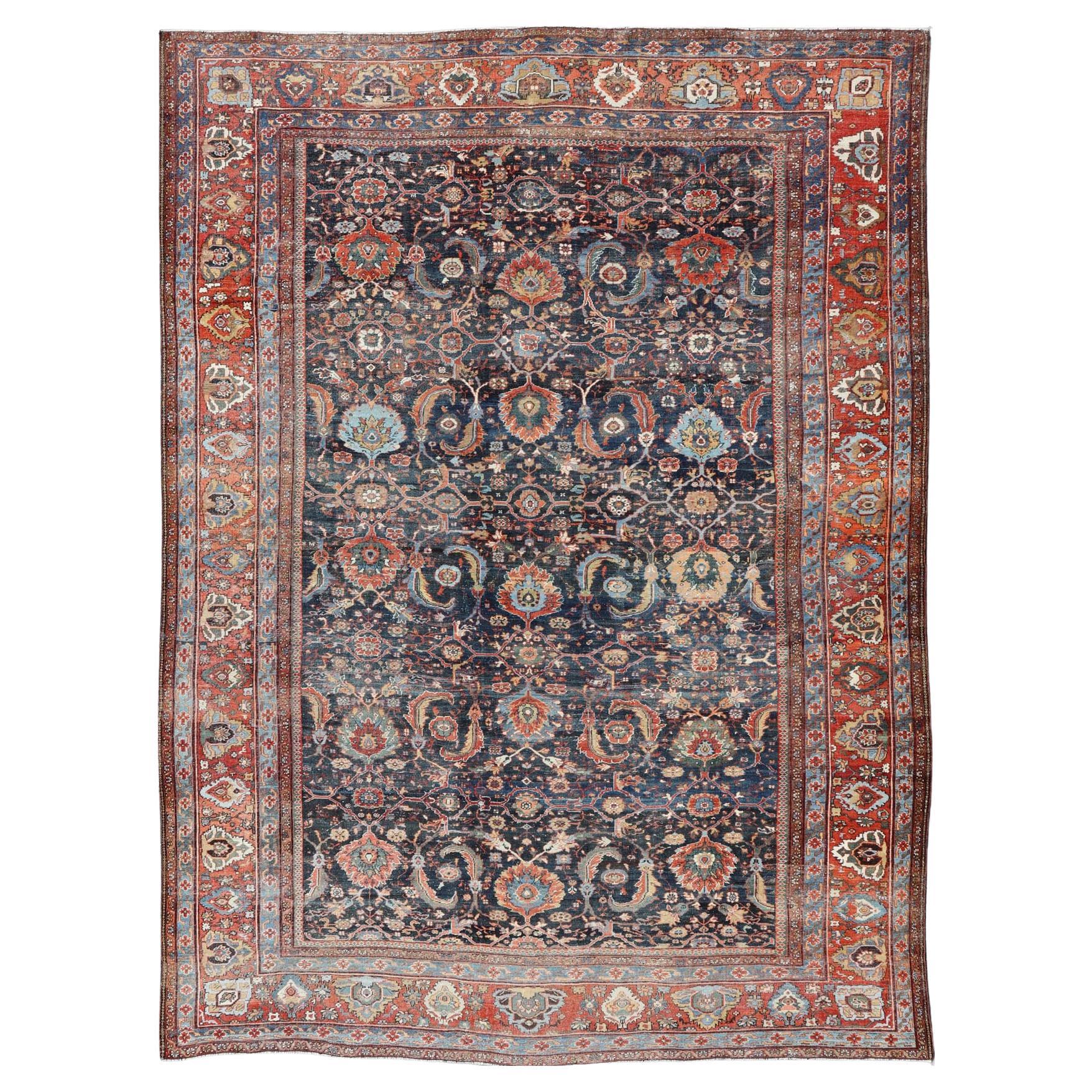 Antique Persian Sultanabad-Mahal Rug with Dark Navy Field 13'9 x 18'0 For Sale