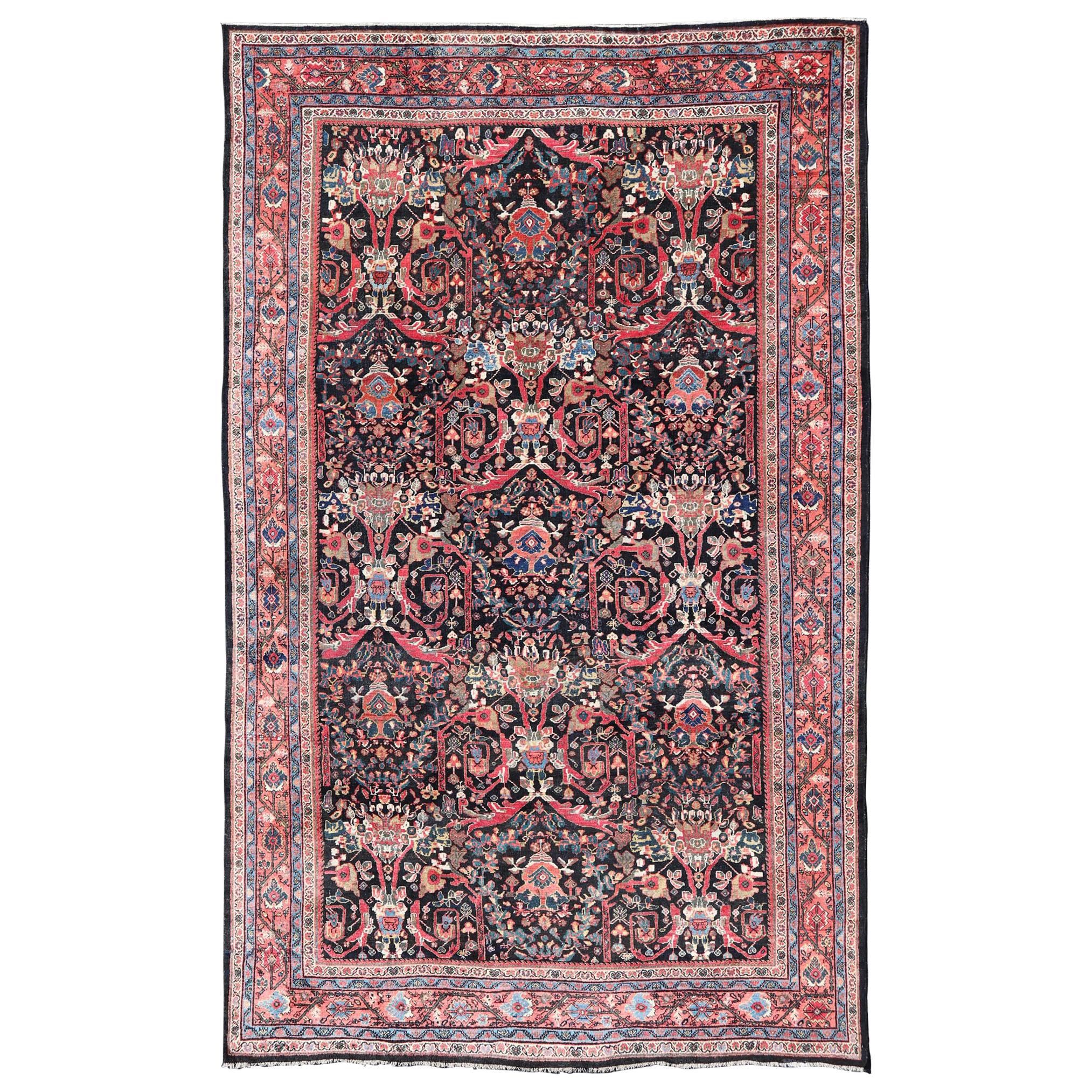 Antique Persian Sultanabad-Mahal Rug with Dark Navy Field and Multi Colors