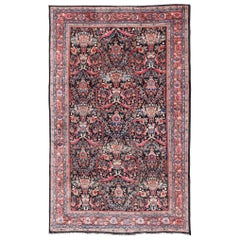 Antique Persian Sultanabad-Mahal Rug with Dark Navy Field and Multi Colors