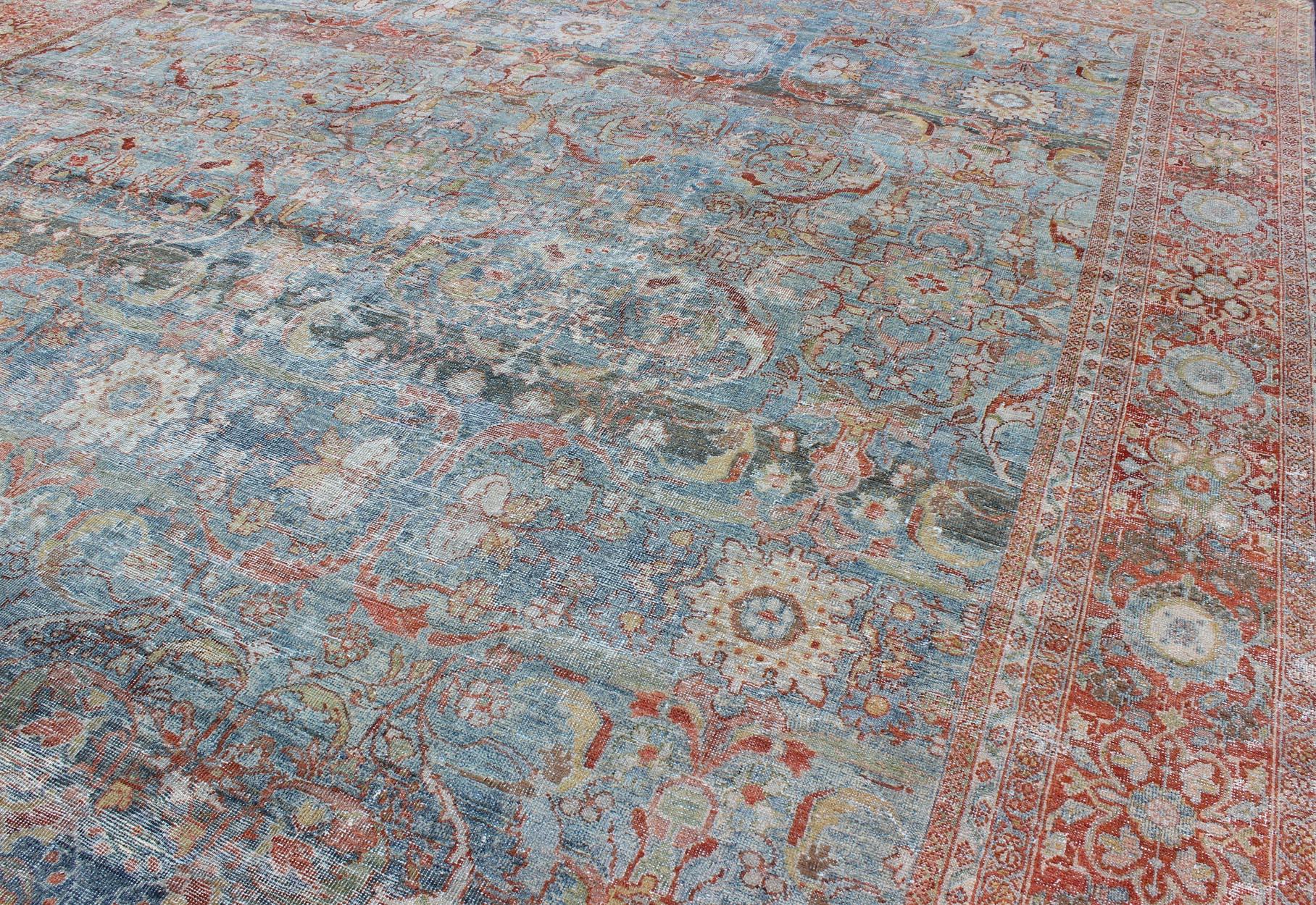 Antique Persian Sultanabad Mahal Rug with Geo-Floral Design in Blue Green & Red 4