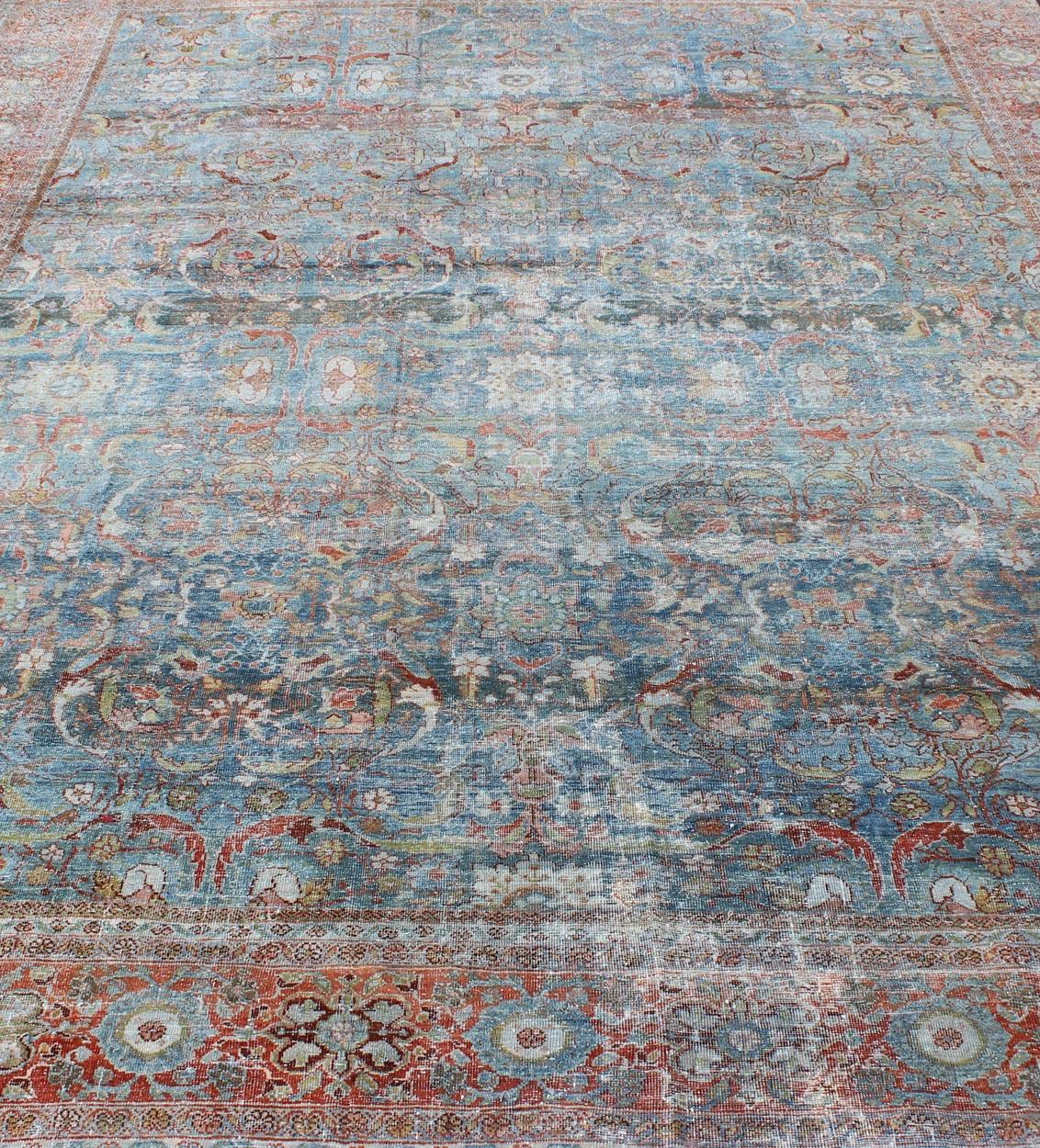 Antique Persian Sultanabad Mahal Rug with Geo-Floral Design in Blue Green & Red 5