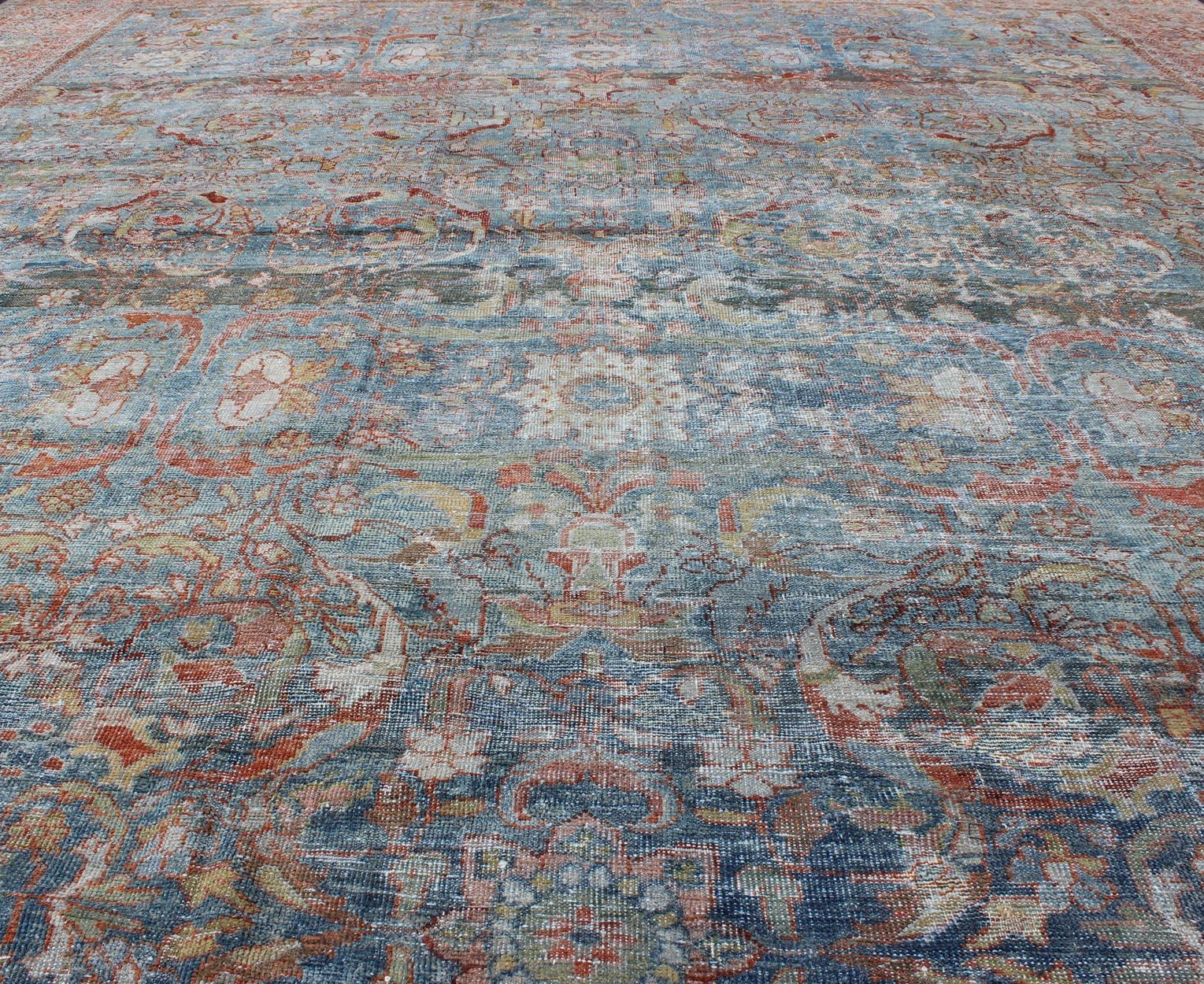 Antique Persian Sultanabad Mahal Rug with Geo-Floral Design in Blue Green & Red 6