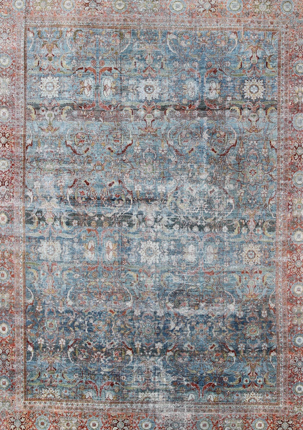 Hand-Knotted Antique Persian Sultanabad Mahal Rug with Geo-Floral Design in Blue Green & Red