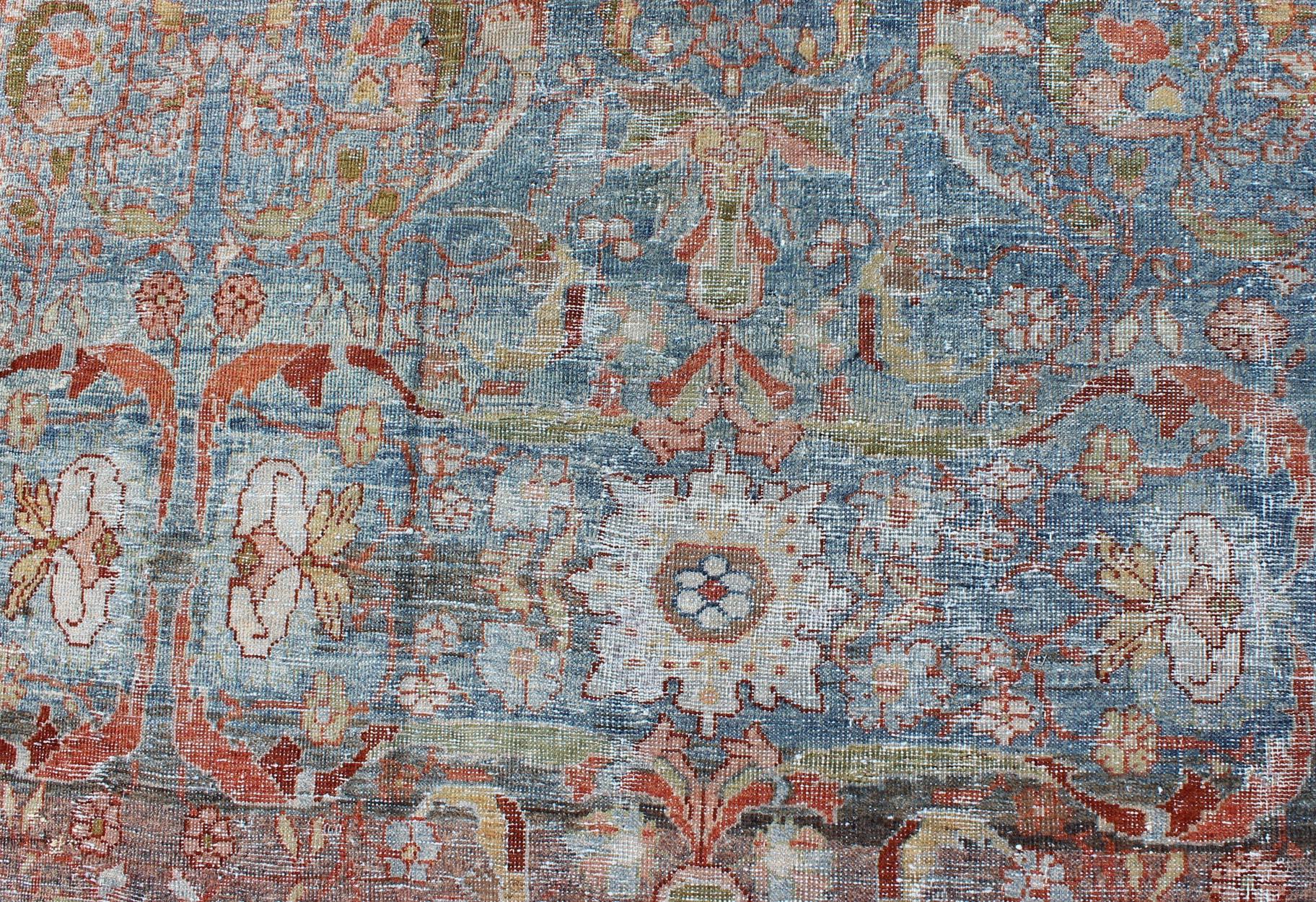 Wool Antique Persian Sultanabad Mahal Rug with Geo-Floral Design in Blue Green & Red