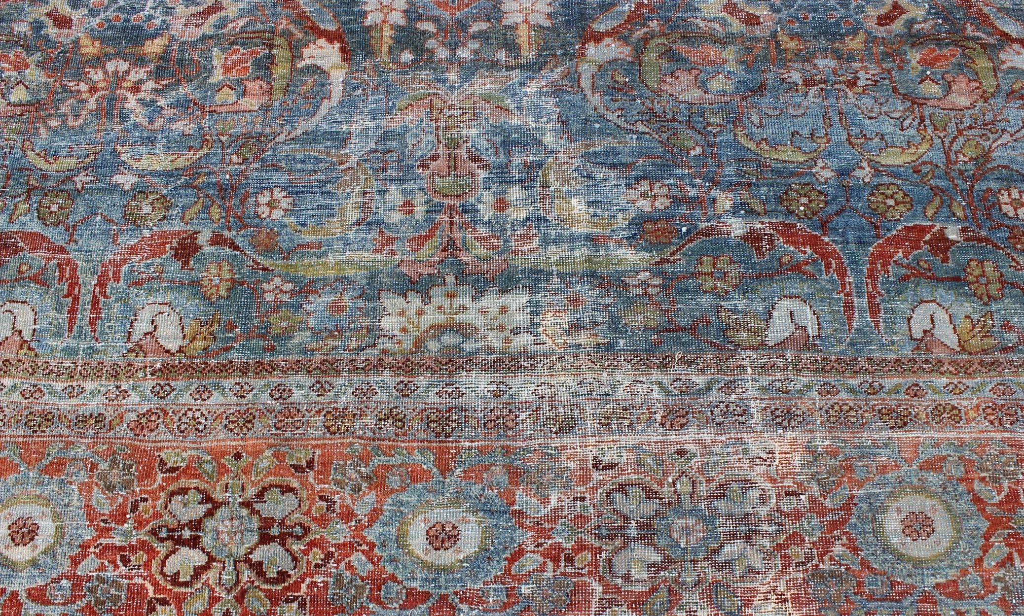 Antique Persian Sultanabad Mahal Rug with Geo-Floral Design in Blue Green & Red 2