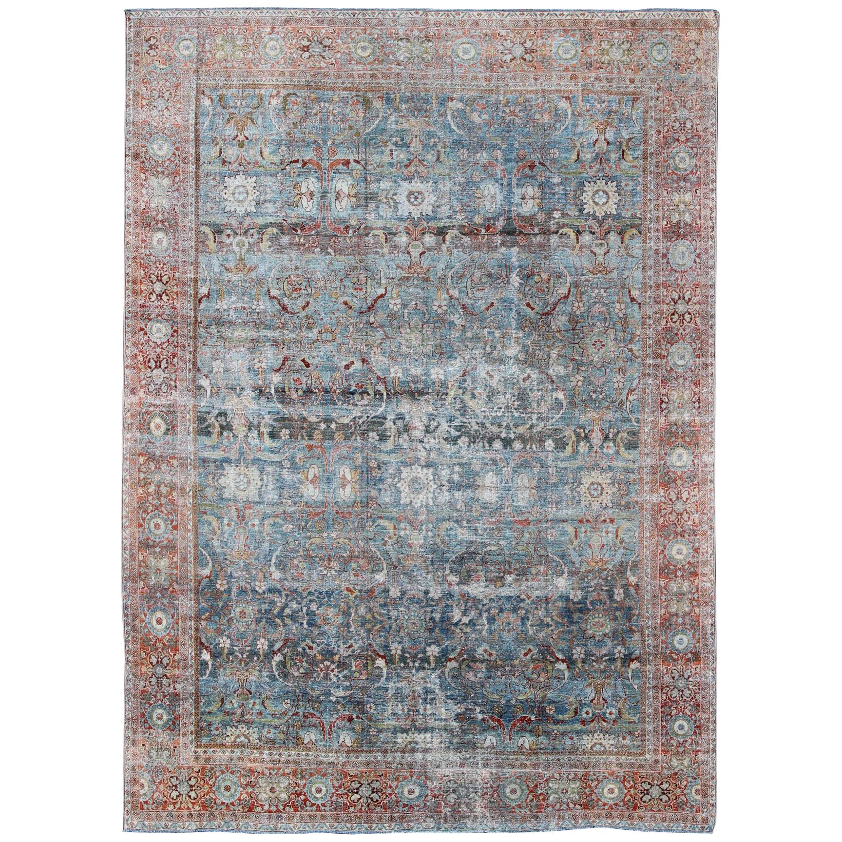 Antique Persian Sultanabad Mahal Rug with Geo-Floral Design in Blue Green & Red
