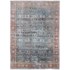 Antique Persian Sultanabad Mahal Rug with Geo-Floral Design in Blue Green & Red