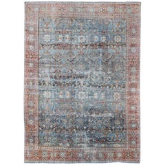 Antique Persian Sultanabad Mahal Rug with Geo-Floral Design in Blue Green & Red