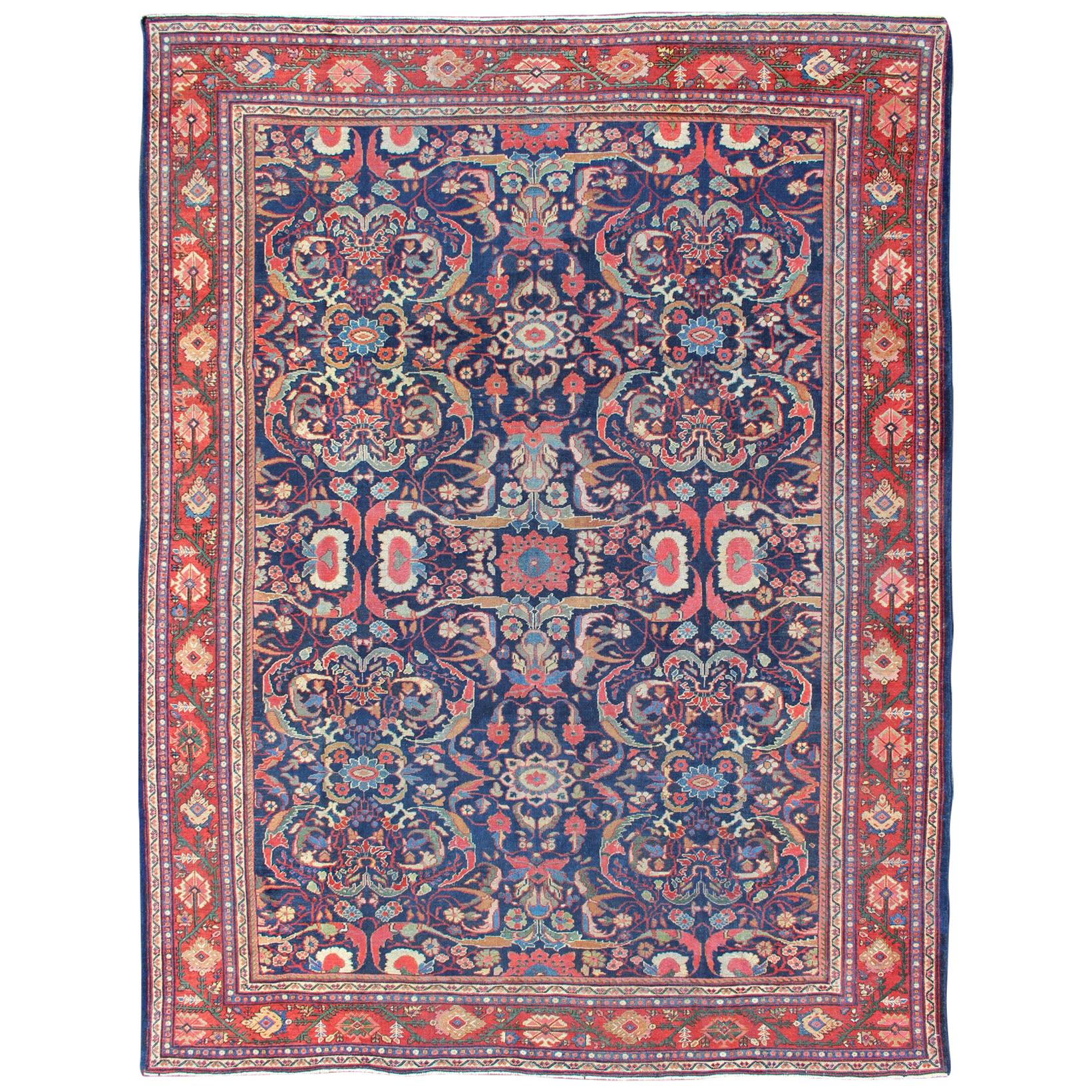 Colorful Antique Persian Sultanabad Rug with Navy Blue Field and Red Border