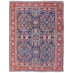 Colorful Antique Persian Sultanabad Rug with Navy Blue Field and Red Border