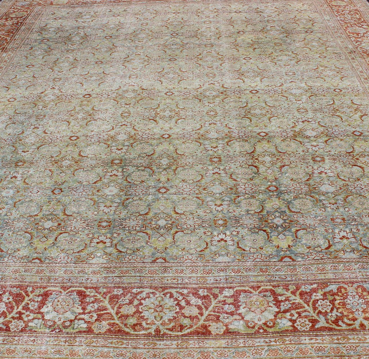 Antique Persian Sultanabad Mahal with All-Over Design in Light Green and Rust For Sale 5