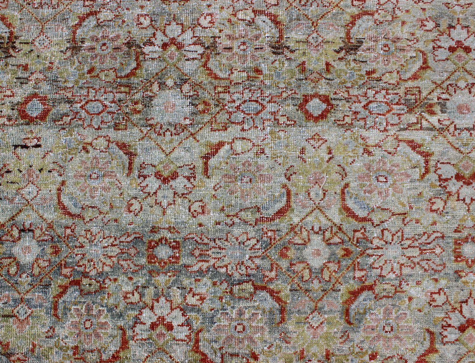 Wool Antique Persian Sultanabad Mahal with All-Over Design in Light Green and Rust For Sale