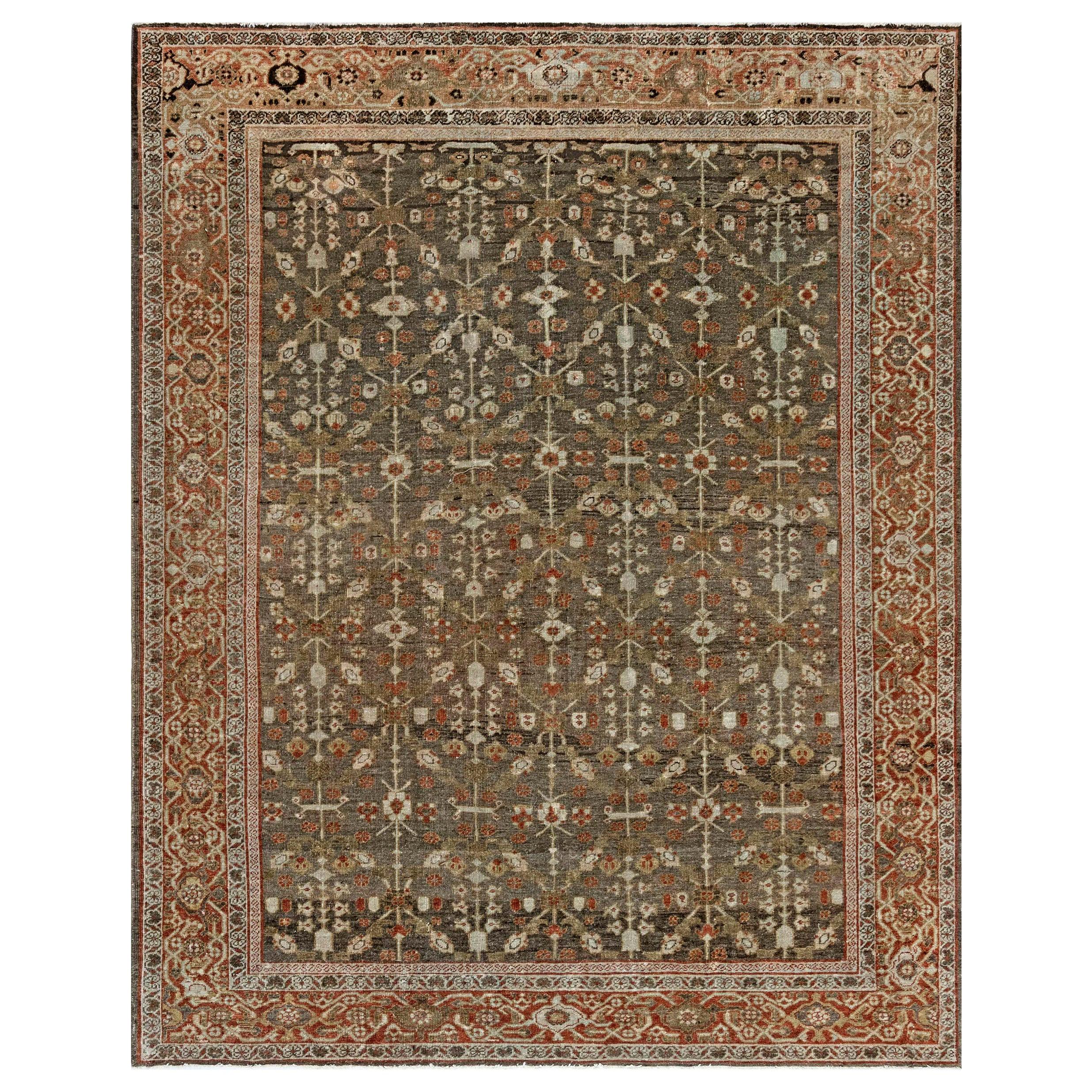 Antique Persian Sultanabad Muted Beige, Brown, Green and Orange Wool Rug