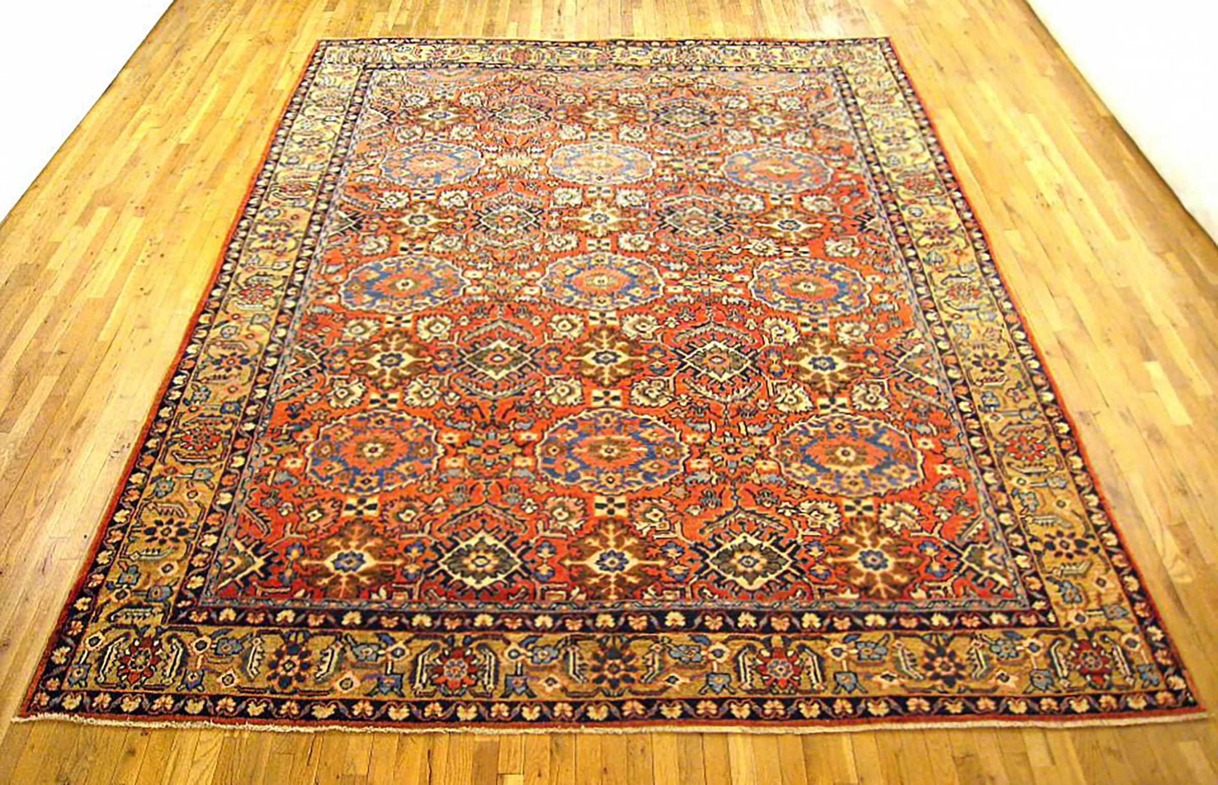 Antique Persian Sultanabad rug, room size, circa 1900.

A one-of-a-kind antique Persian Sultanabad oriental carpet with a thick and lustrous wool pile, knotted by hand, with soft touch and great resistance to wear. This carpet features palmettes