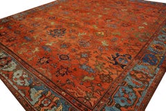 1900s Coral Red Blue Antique Persian Sultanabad Carpet 12'5" x 15'9" Wool Rug