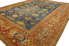1890s Blue Red Antique Persian Ziegler Sultanabad Carpet 13'9" x 17'10" Wool Rug