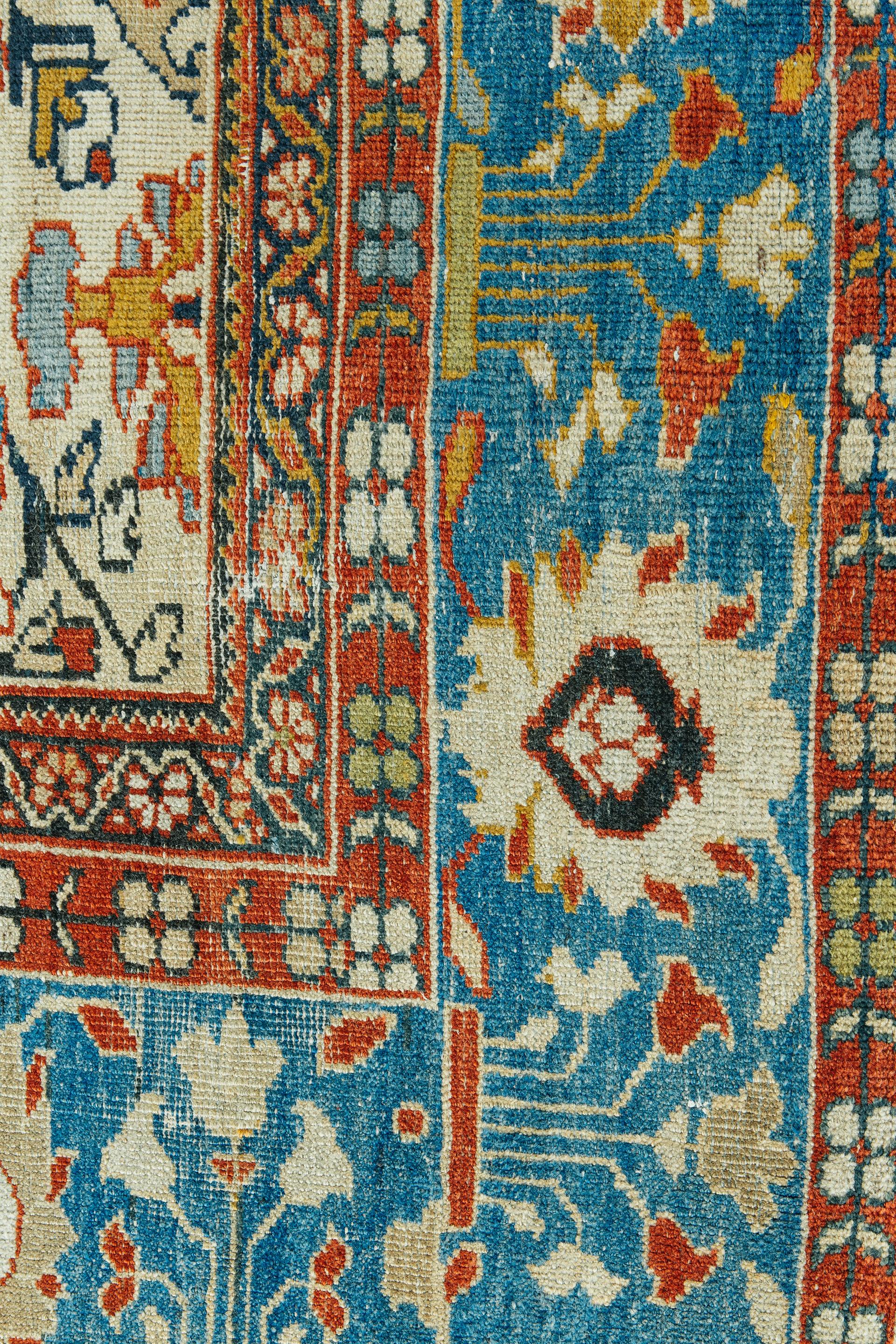 Standout colors make this rug pop out and catch gazes. A gorgeous blue border surrounded by two small red borders accentuates the center of this rug. The entire rug is covered by floral patterns, all as intricately detailed as you can
