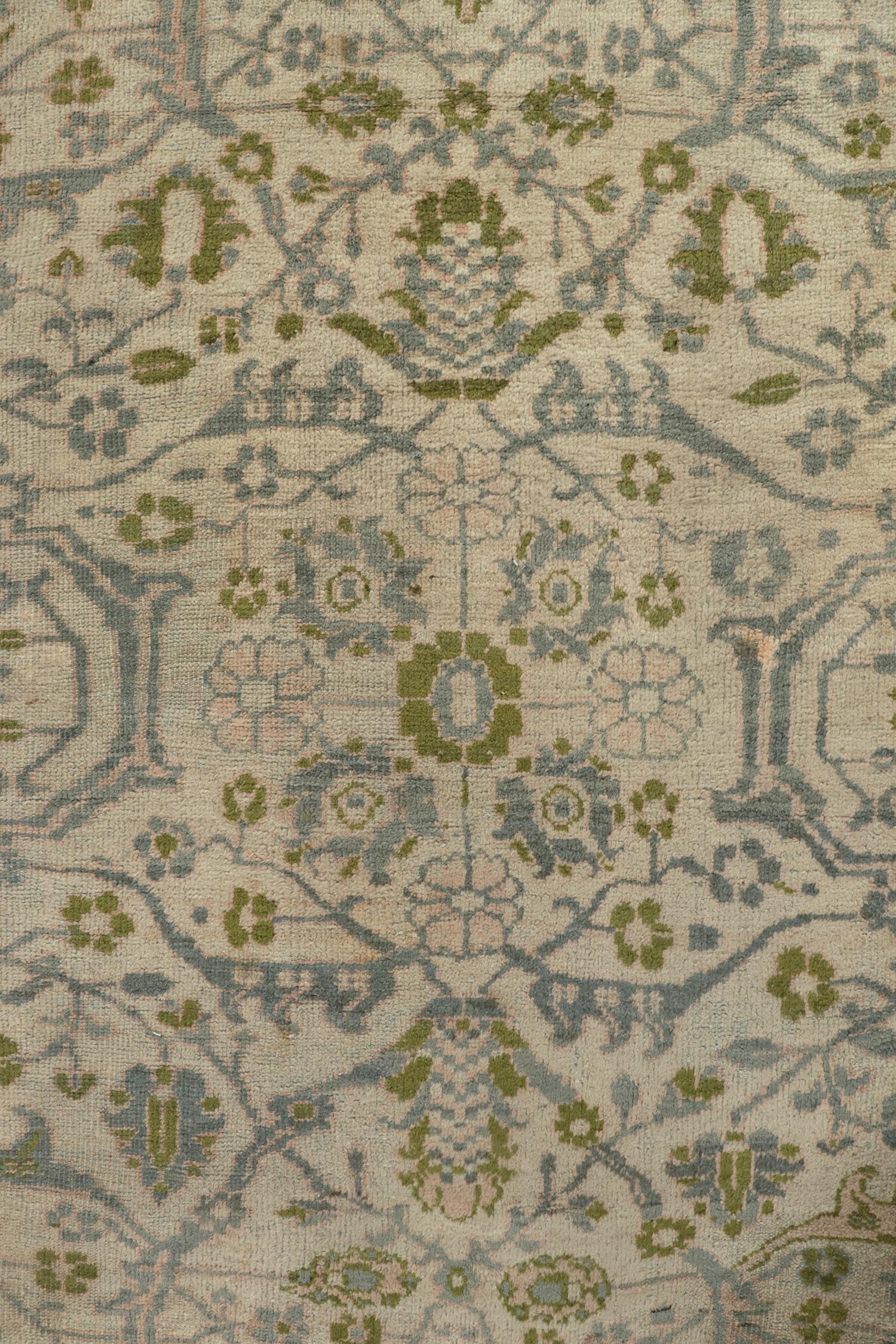 Wool Antique Persian Sultanabad Rug in Gray with Green Floral Pattern by Rug & Kilim For Sale