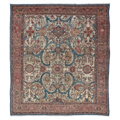 Antique Persian Sultanabad Rug in Ivory Background, Blue, Salmon & Multi Colors