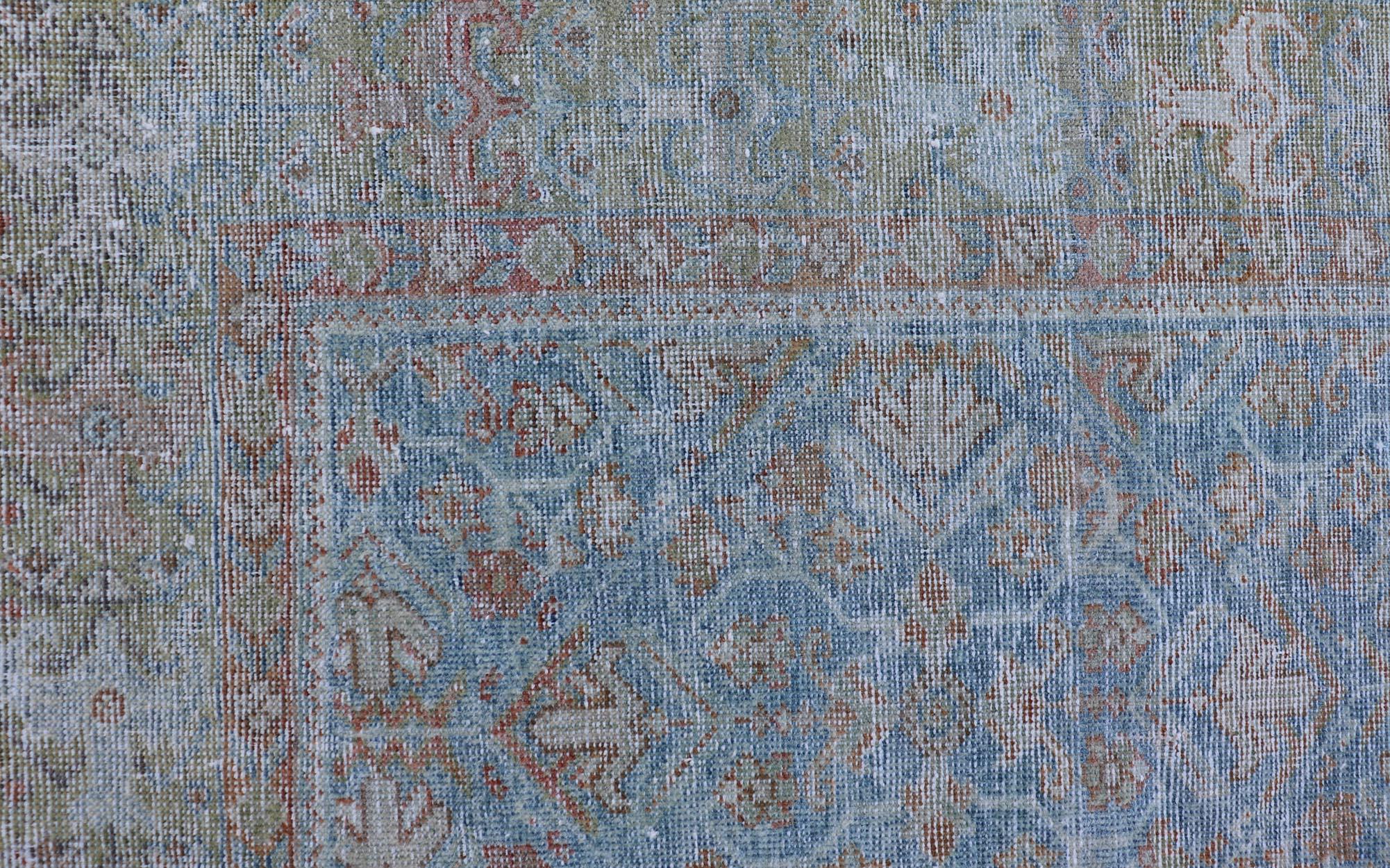 Antique Persian Sultanabad Rug in Light Blue and Green With All-Over Design. Keivan Woven Arts / rug EMB-22179-15043, country of origin / type: Iran / Sultanabad, circa 1910 
Measures: 4'2 x 6'5 
This beautiful distressed antique Persian Sultanabad,