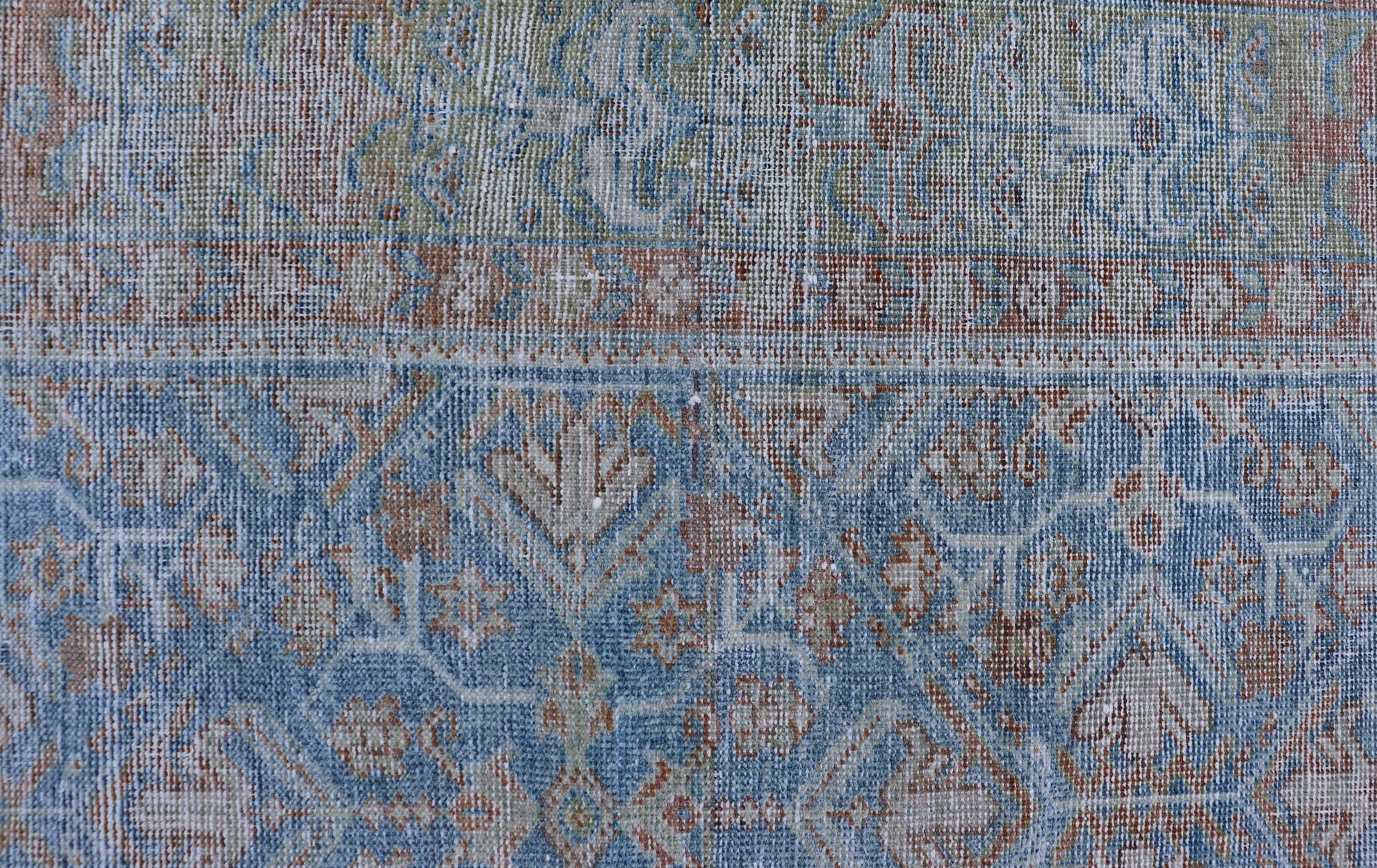 Hand-Knotted Antique Persian Sultanabad Rug in Light Blue and Green With All-Over Design  For Sale