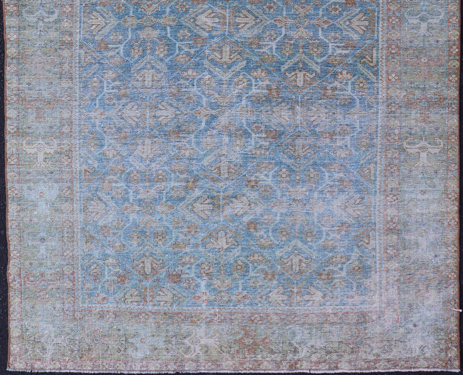 Wool Antique Persian Sultanabad Rug in Light Blue and Green With All-Over Design  For Sale
