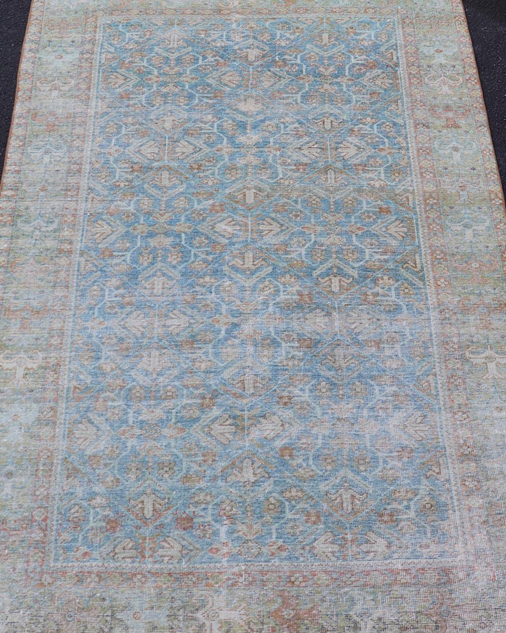 Antique Persian Sultanabad Rug in Light Blue and Green With All-Over Design  For Sale 1