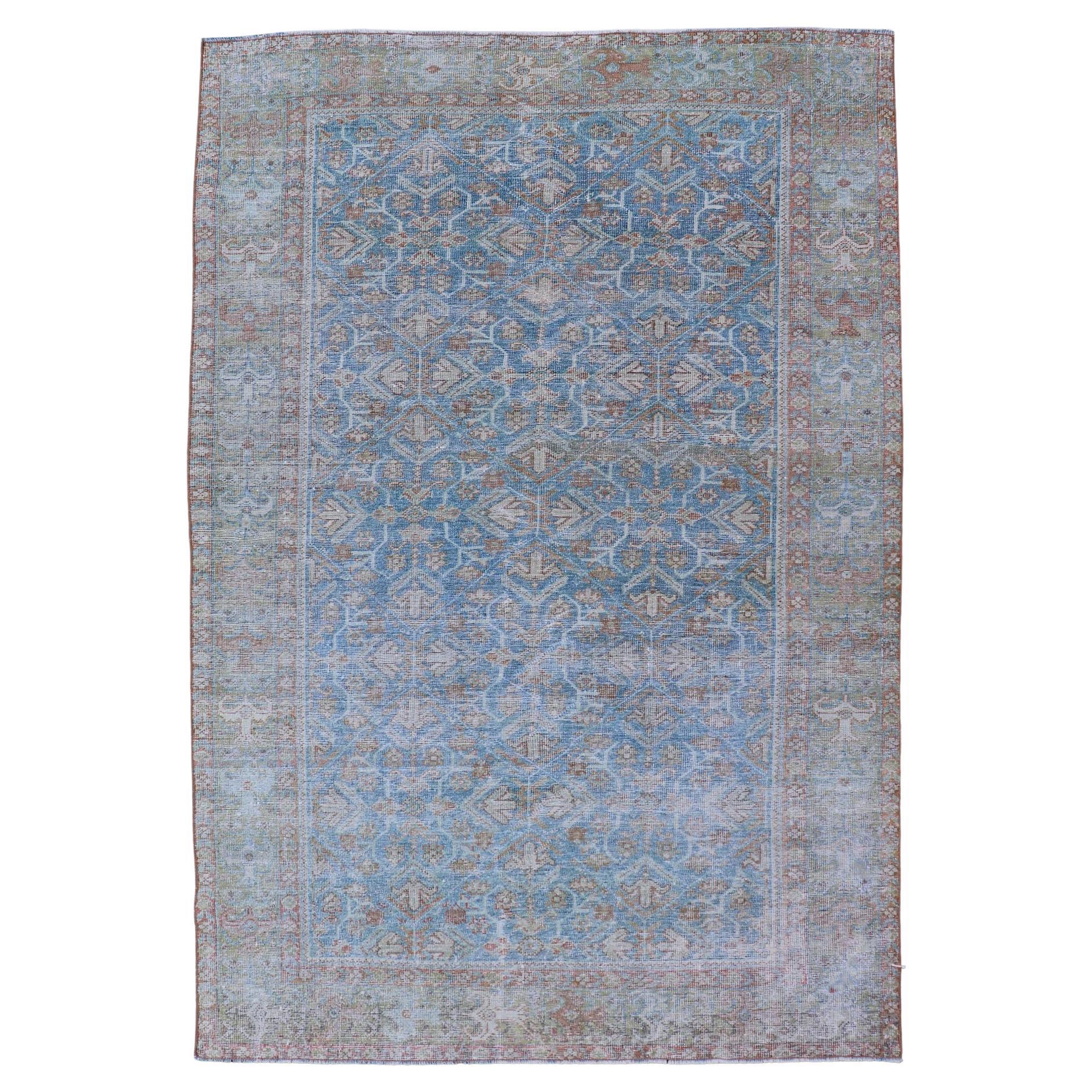 Antique Persian Sultanabad Rug in Light Blue and Green With All-Over Design 