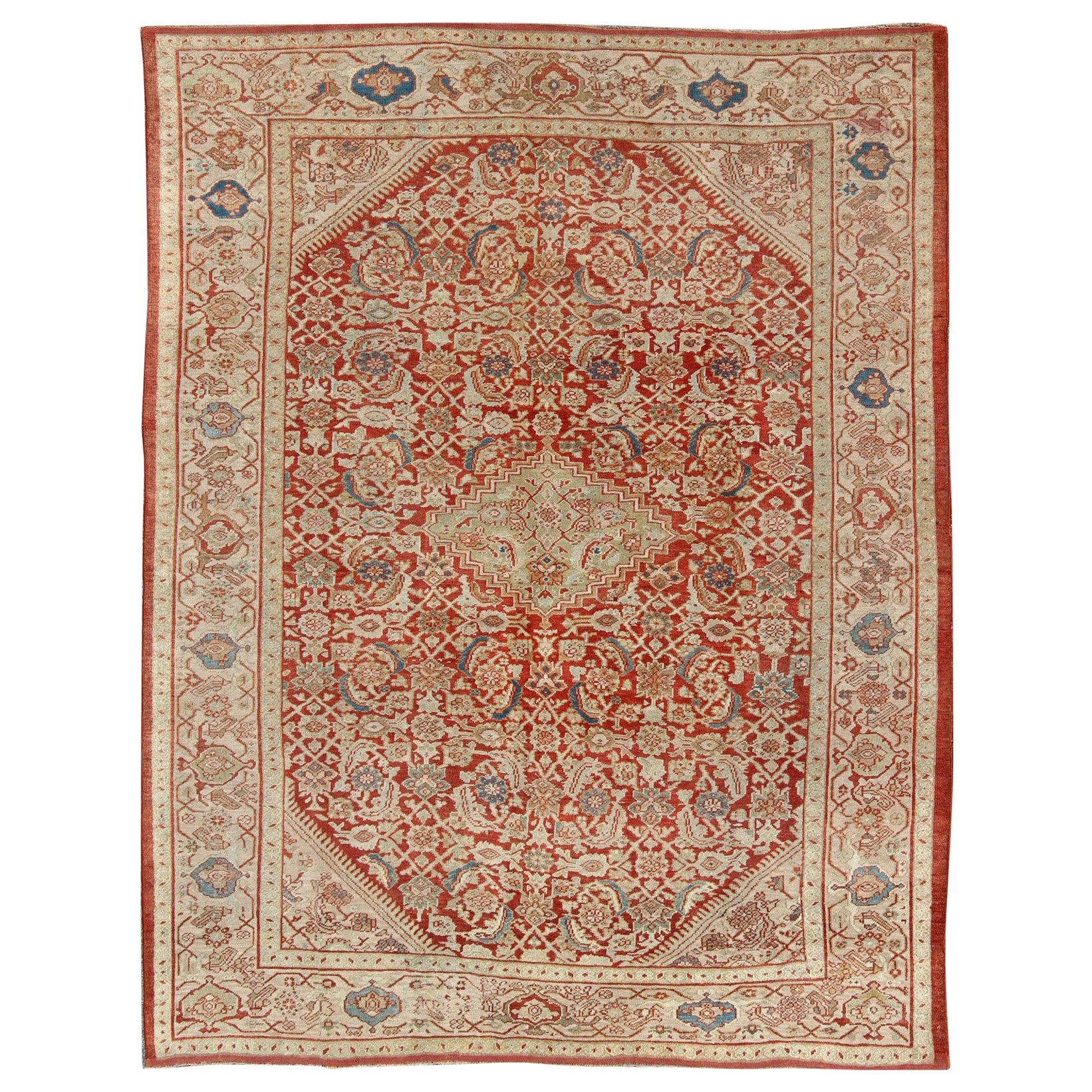 Antique Persian Sultanabad Rug in Red, Green, Blue, Taupe, and Cream