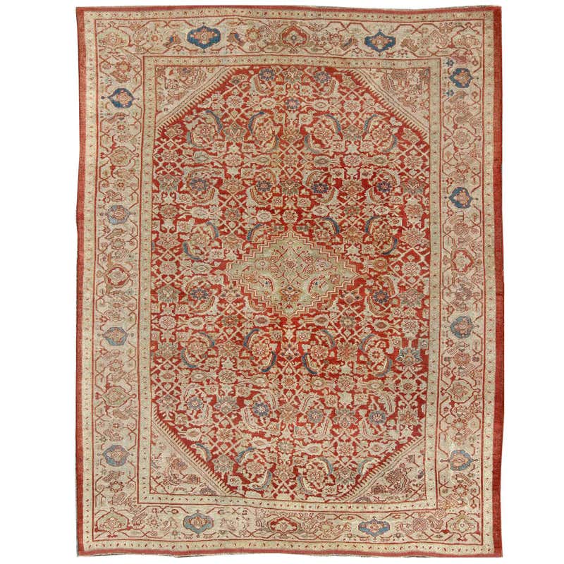 Midcentury Handmade Persian Accent Rug in Cream and Blue-Green For Sale ...