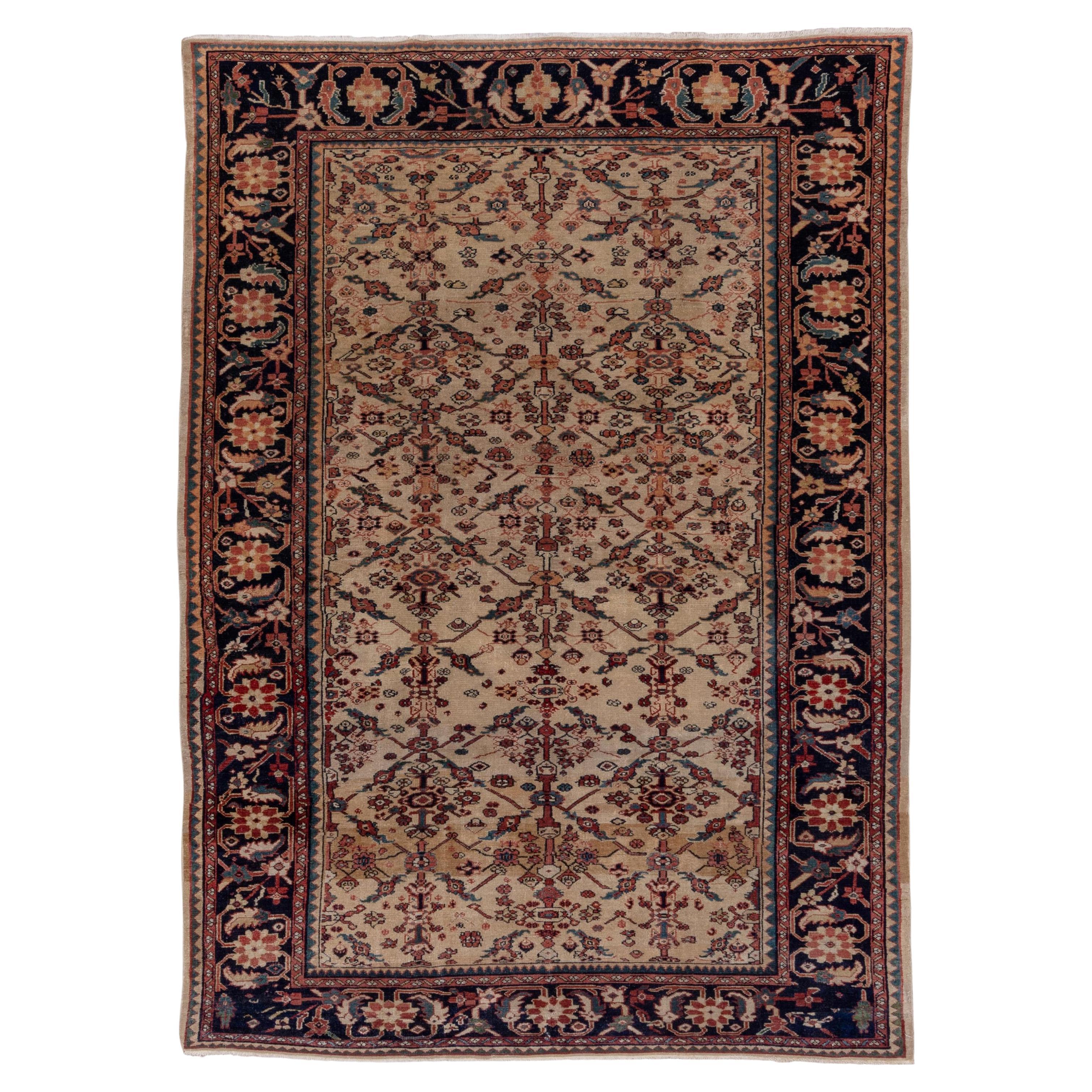 Antiker persischer Sultanabad-Teppich, elfenbeinfarben, dunkle marineblaue Bordüren, um 1900
