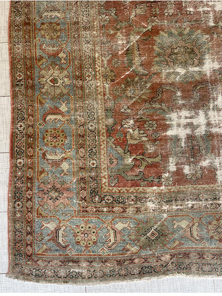 Alfombra Persa Antigua Sultanabad Solo Azul Claro Ivoey Gris en Desgastado estado para la venta en Los Angeles, CA