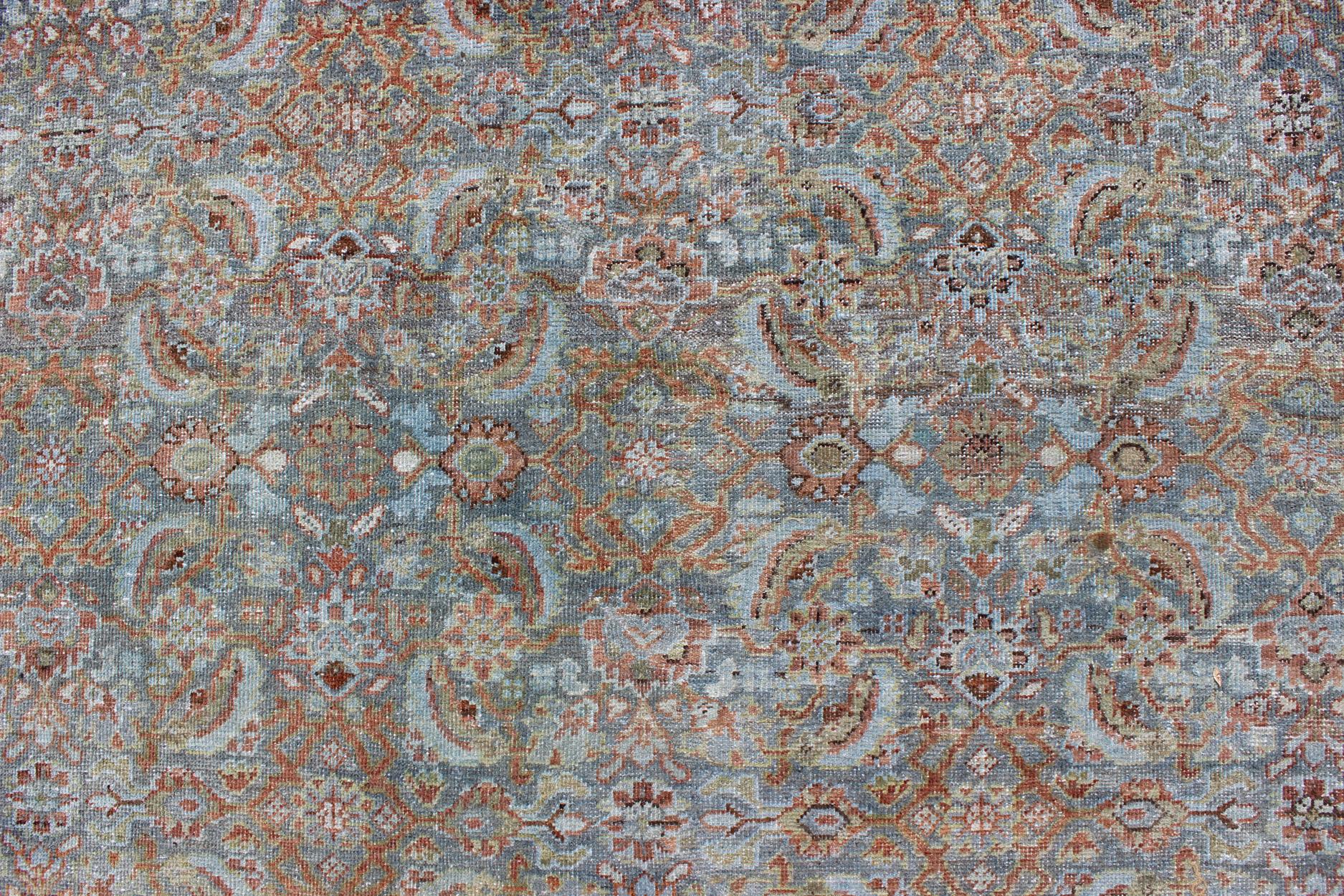 Antique Persian Sultanabad Rug with All-Over Design in Light Blue & Burnt Orange For Sale 2