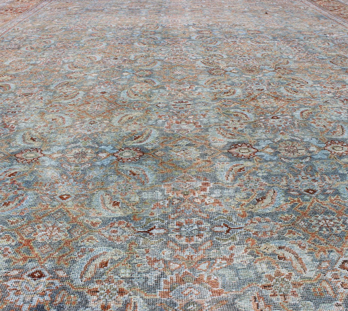 Antique Persian Sultanabad Rug with All-Over Design in Light Blue & Burnt Orange For Sale 3