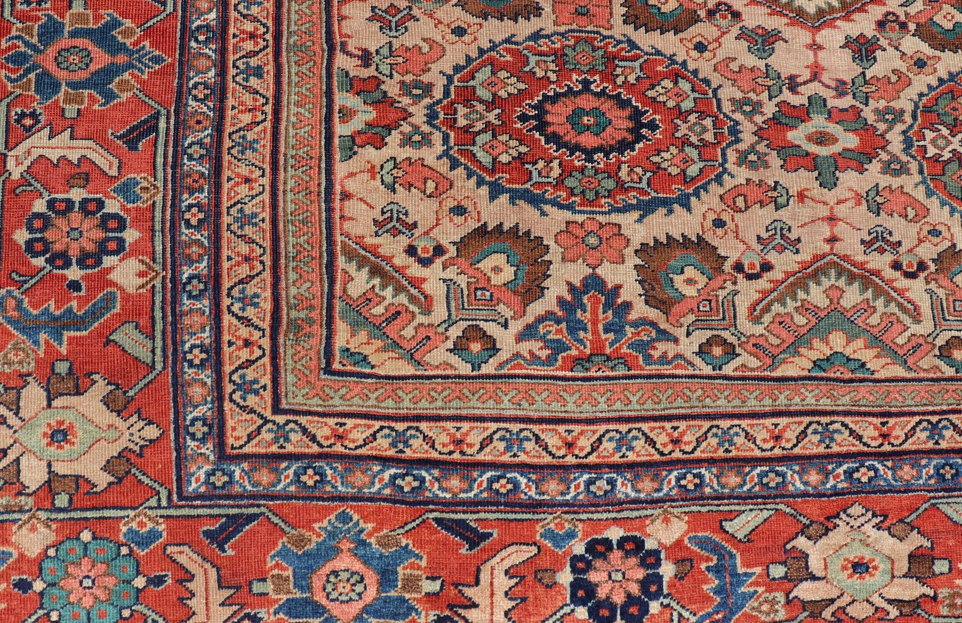 Hand-Knotted Antique Persian Sultanabad Rug with All Over Sub Geometric Design On Ivory Field For Sale