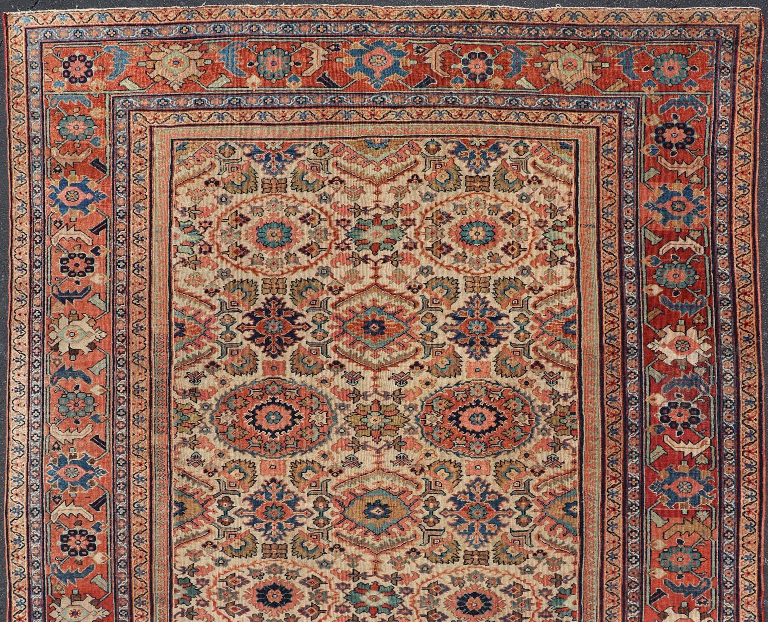 Wool Antique Persian Sultanabad Rug with All Over Sub Geometric Design On Ivory Field For Sale