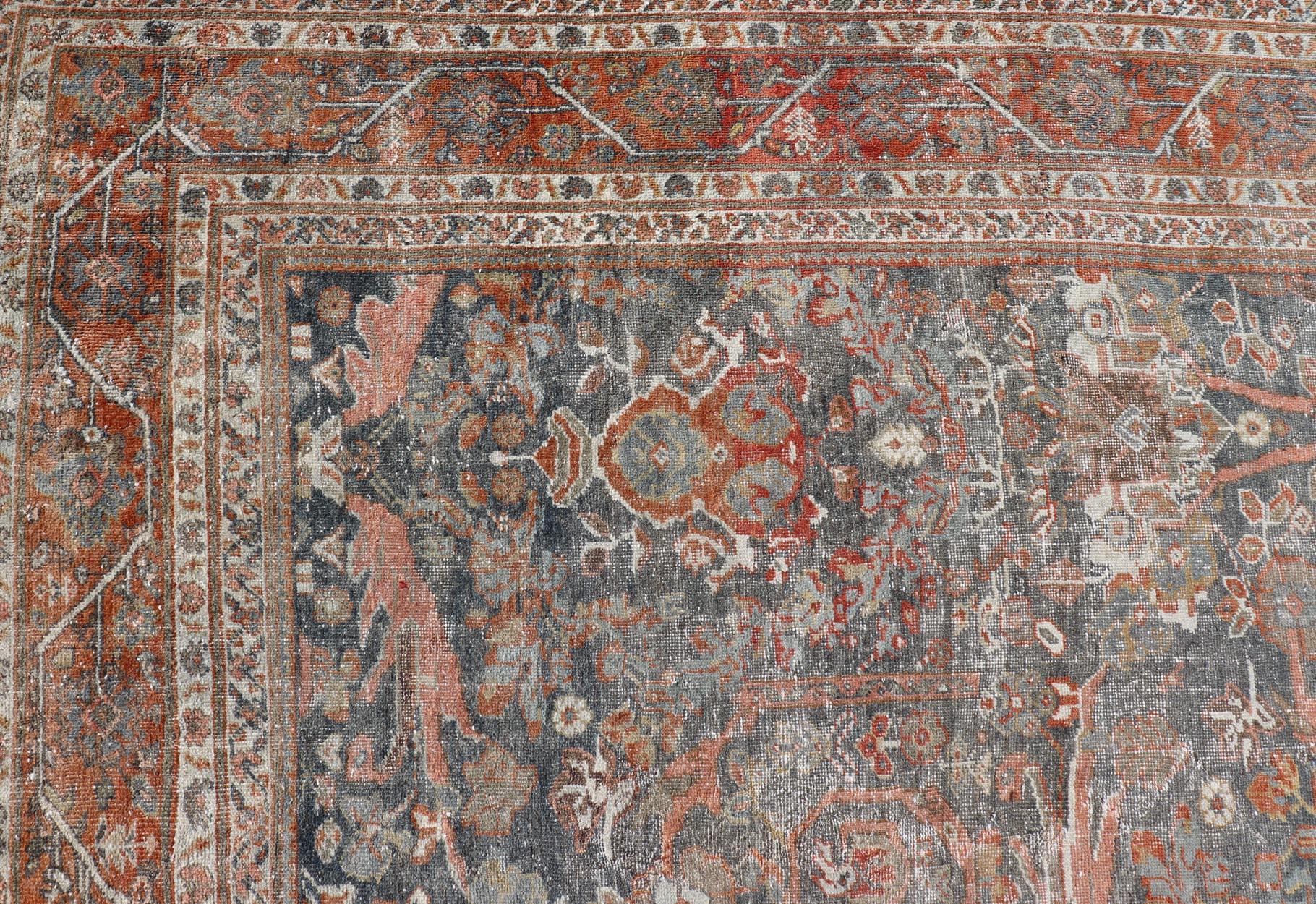 Noué à la main Ancien tapis persan Sultanabad Rugs avec motifs floraux Allover Bleu sourd 10'2 x 16'3 en vente