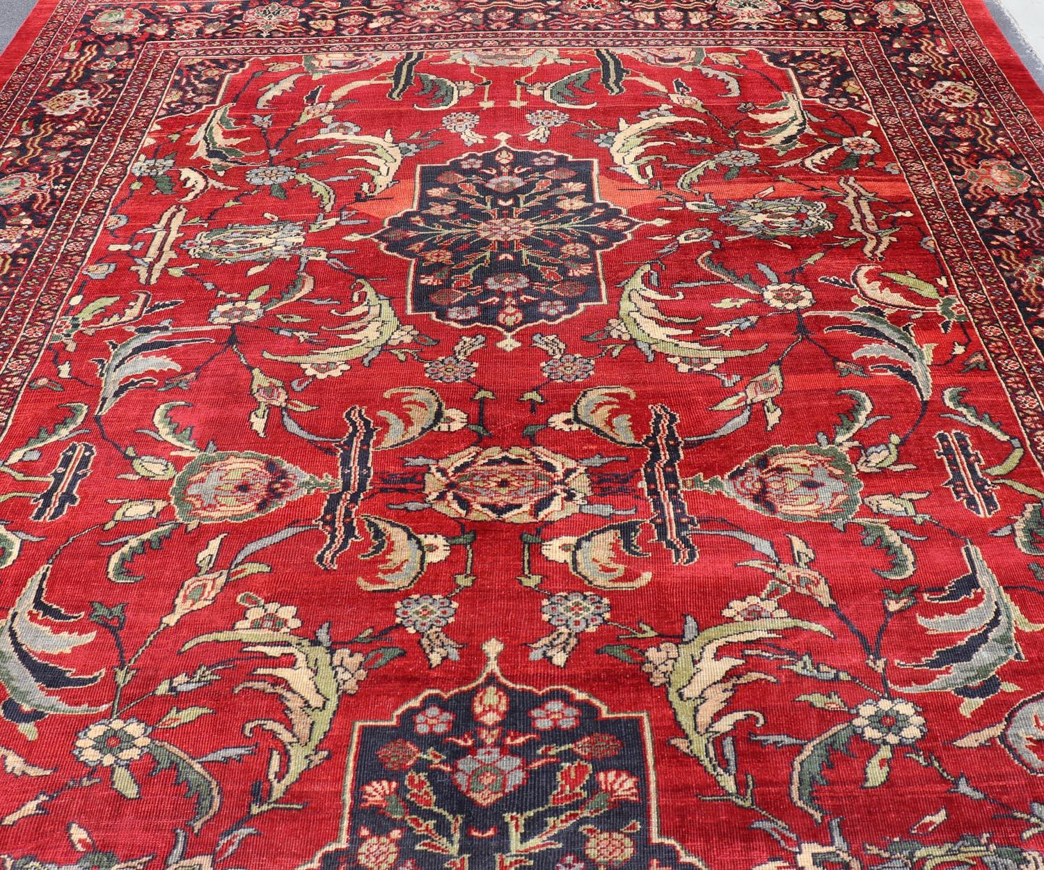 Antique Persian Zeigler Sultanabad Rug with Botanical Elements Set on Red Field For Sale 1