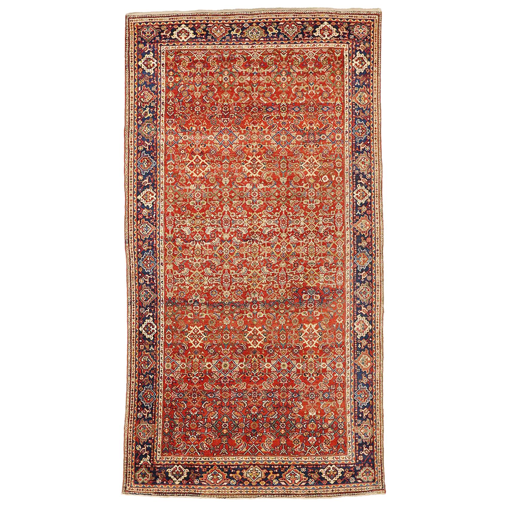 Antique Persian Sultanabad Rug with Green and Ivory Floral Motif on Red Field