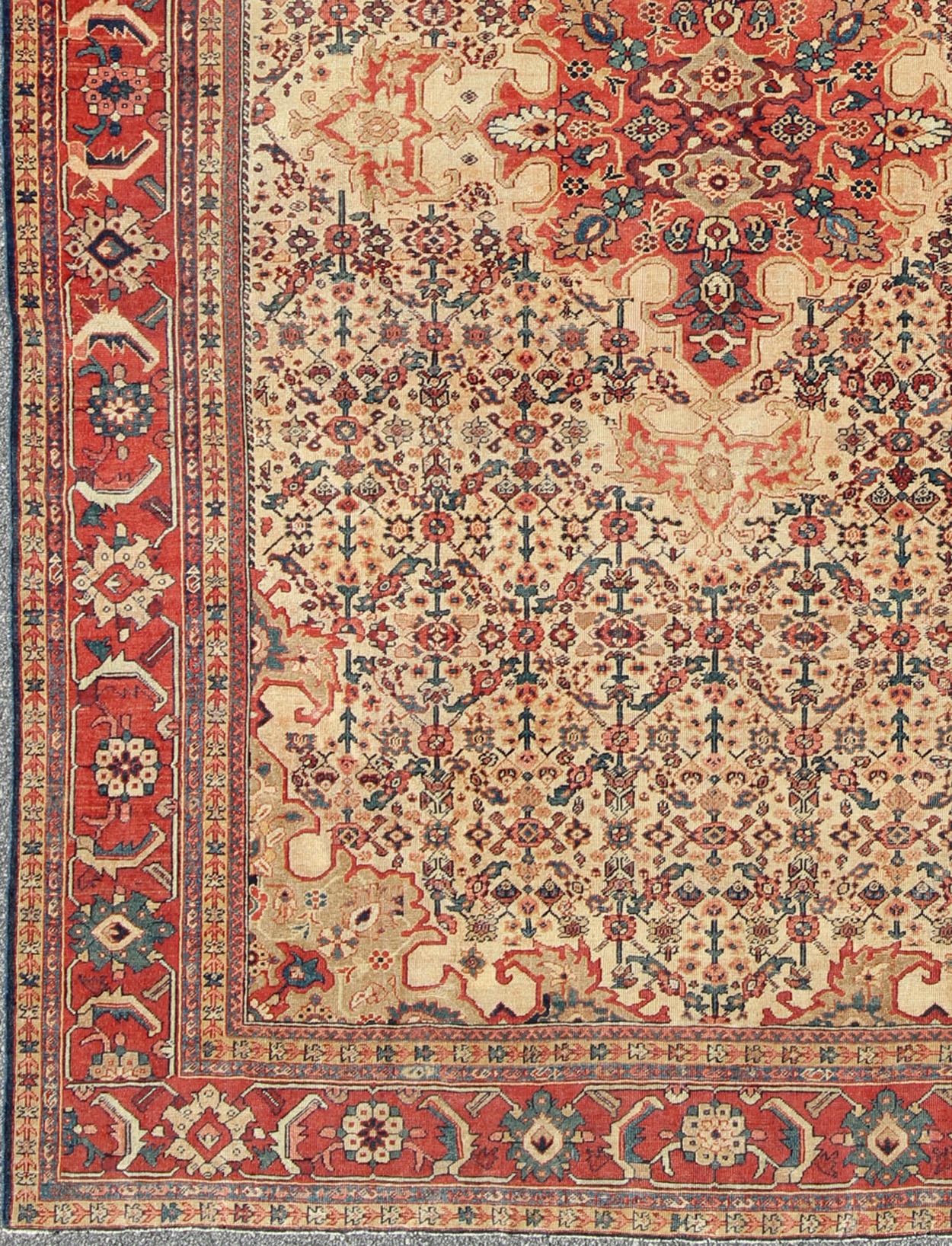 Hand-Knotted Antique Persian Sultanabad Rug in Herati Design with Ivory, Red and Green For Sale