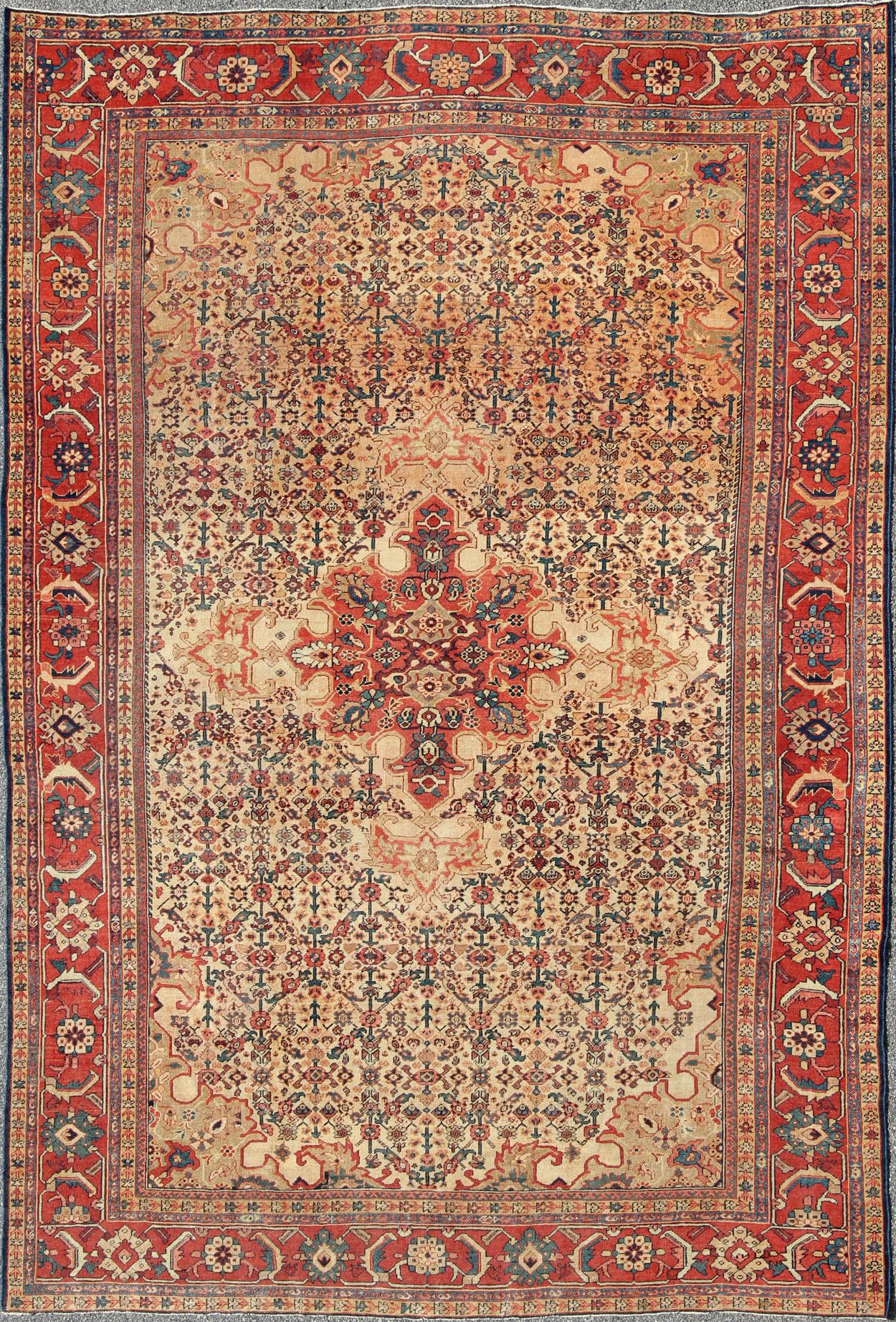 Early 20th Century Antique Persian Sultanabad Rug in Herati Design with Ivory, Red and Green For Sale