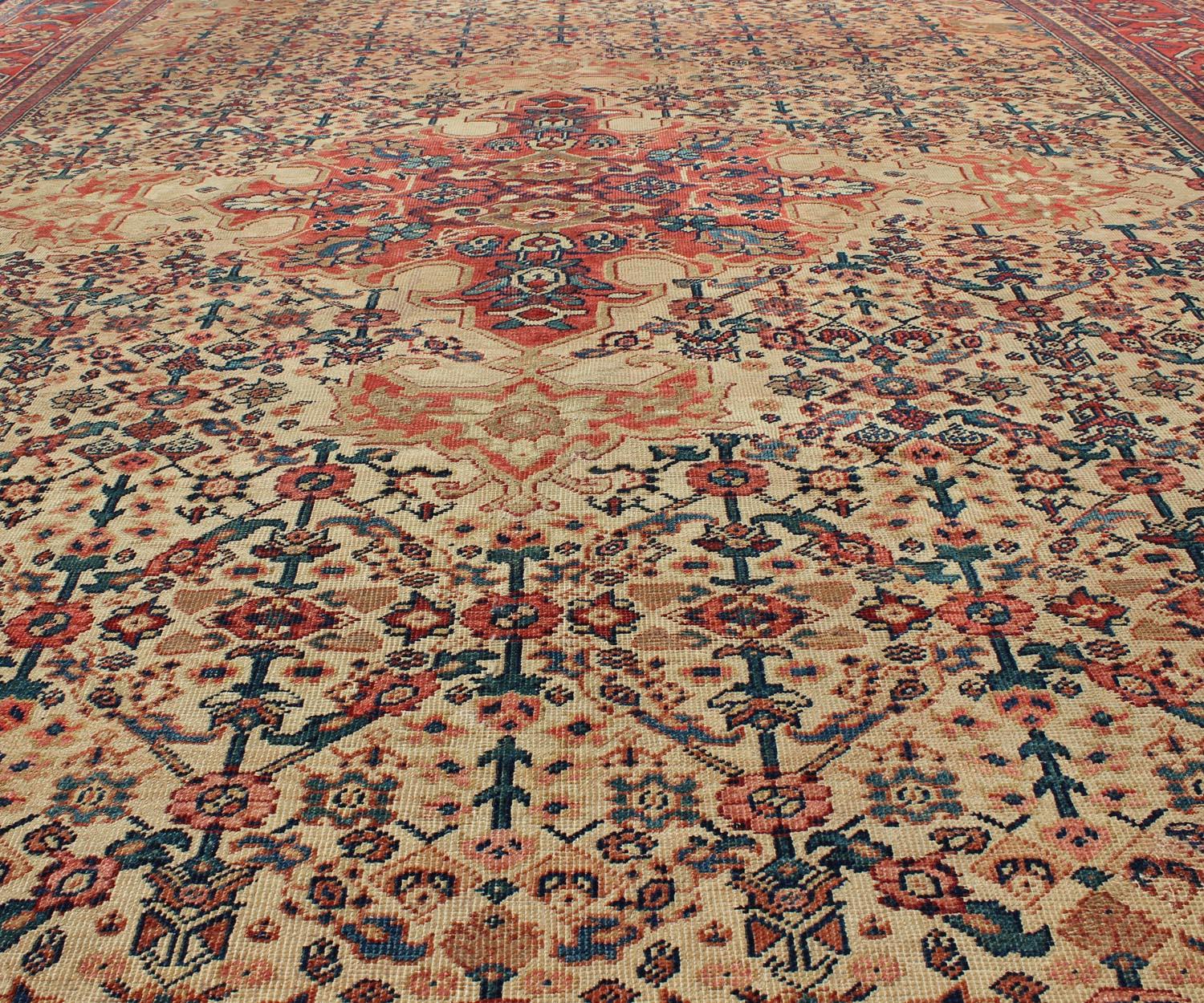 Wool Antique Persian Sultanabad Rug in Herati Design with Ivory, Red and Green For Sale