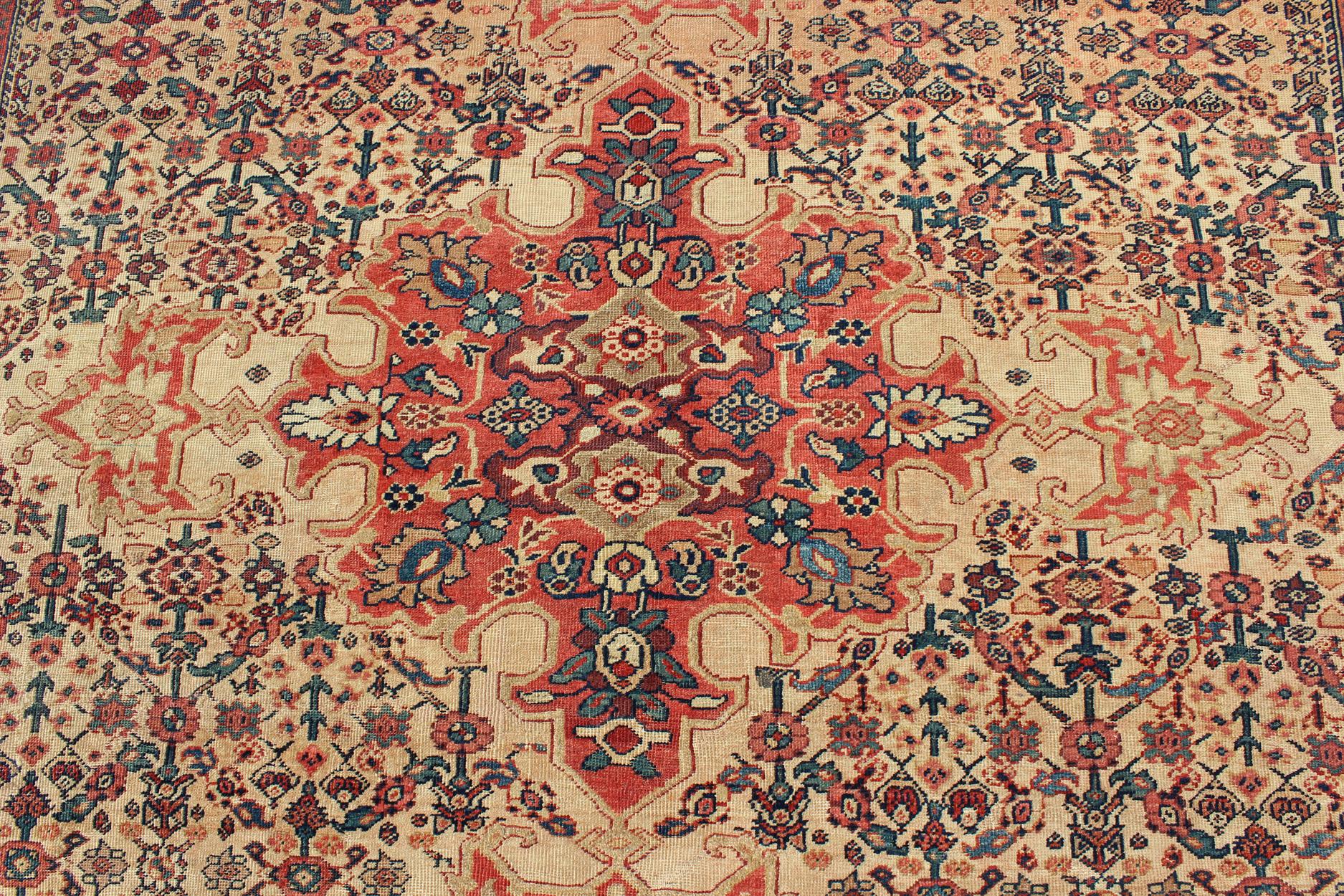 Antique Persian Sultanabad Rug in Herati Design with Ivory, Red and Green For Sale 1