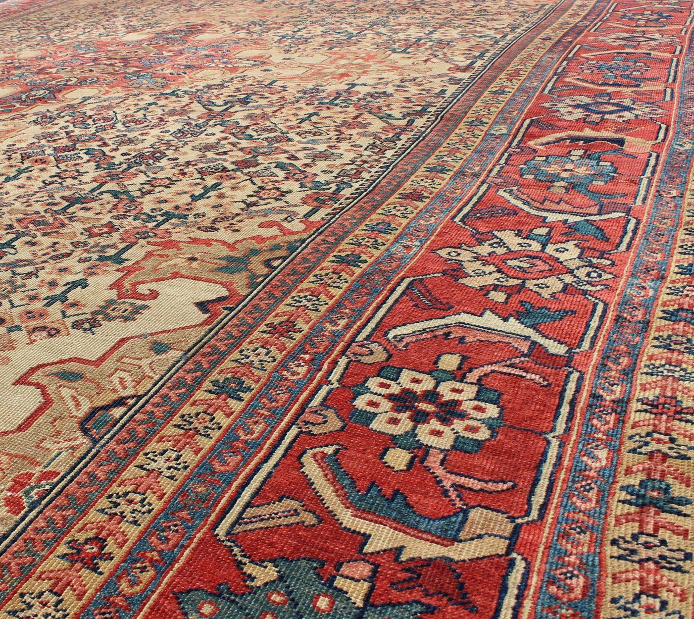 Antique Persian Sultanabad Rug in Herati Design with Ivory, Red and Green For Sale 2